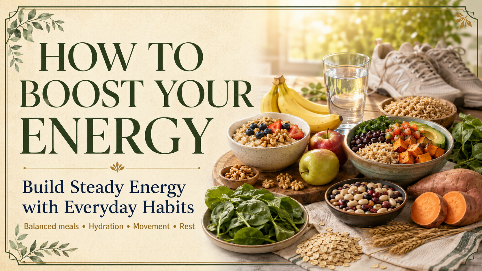 How to boost your energy header featuring balanced whole-food meals, water, and walking shoes