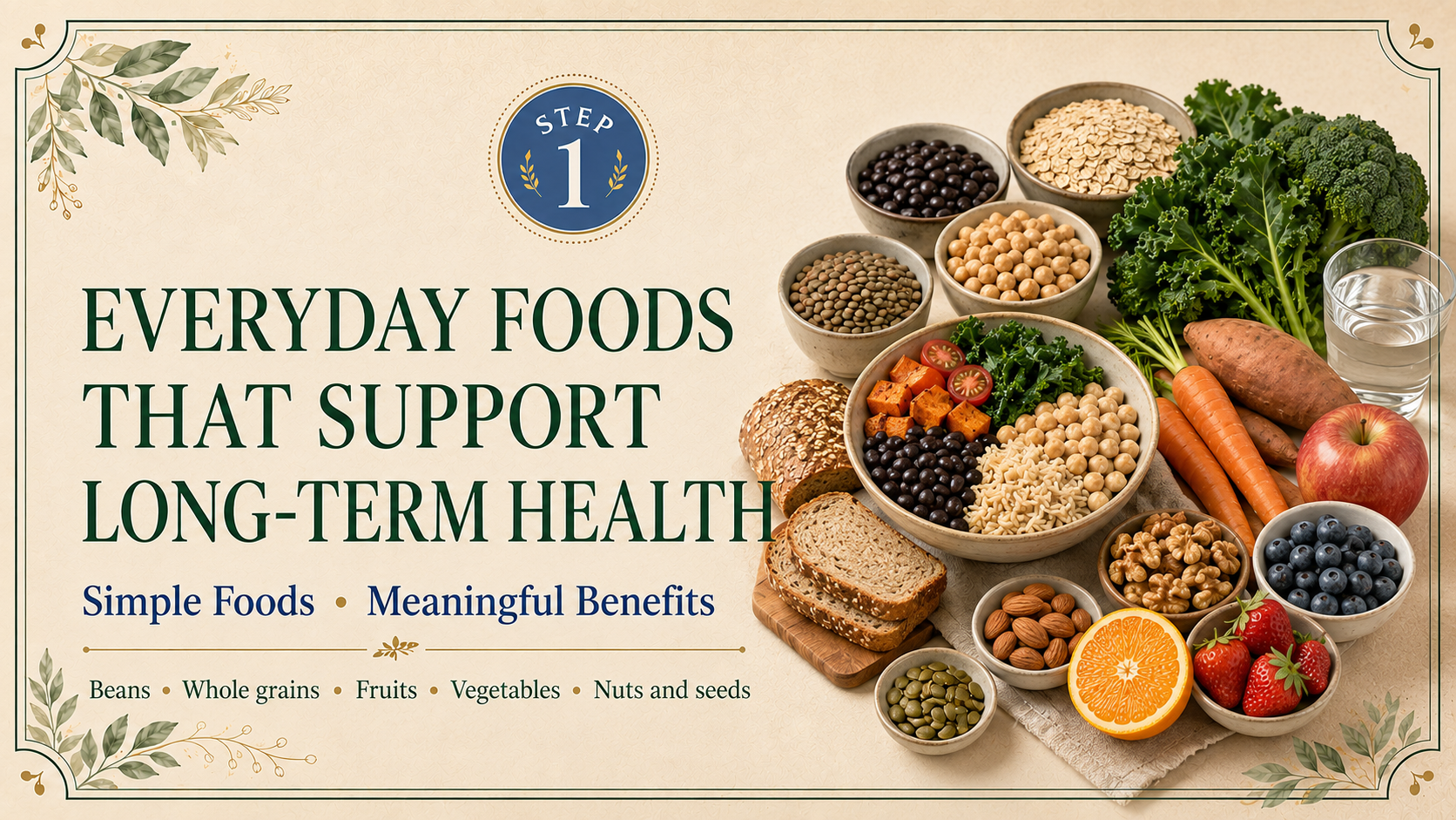 Step 1 header featuring everyday foods that support long-term health, including beans, whole grains, fruits, vegetables, nuts, seeds, and water