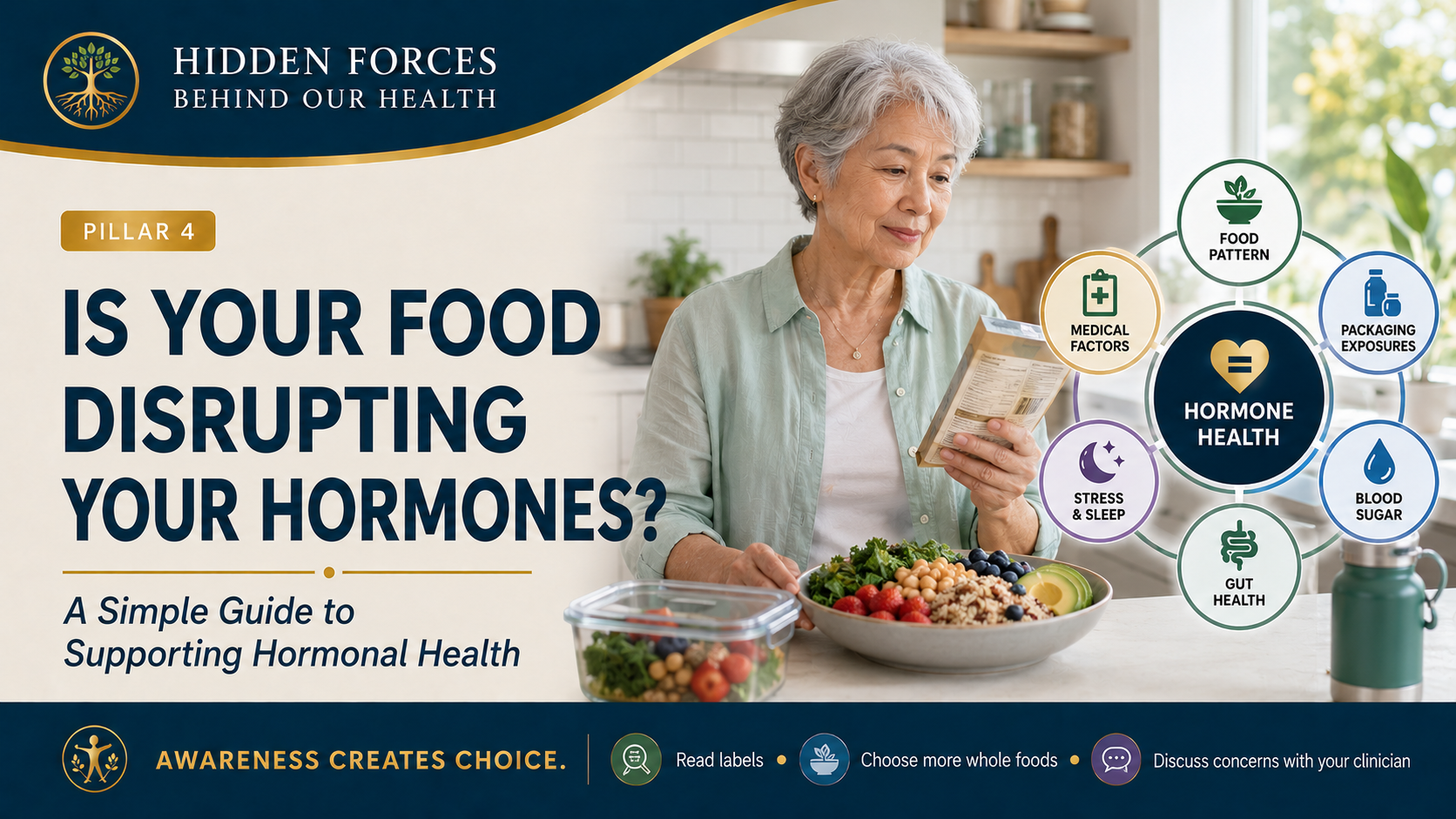 Pillar 4 header showing an older adult comparing a food label with a whole-food meal beside a diagram of factors influencing hormonal health.