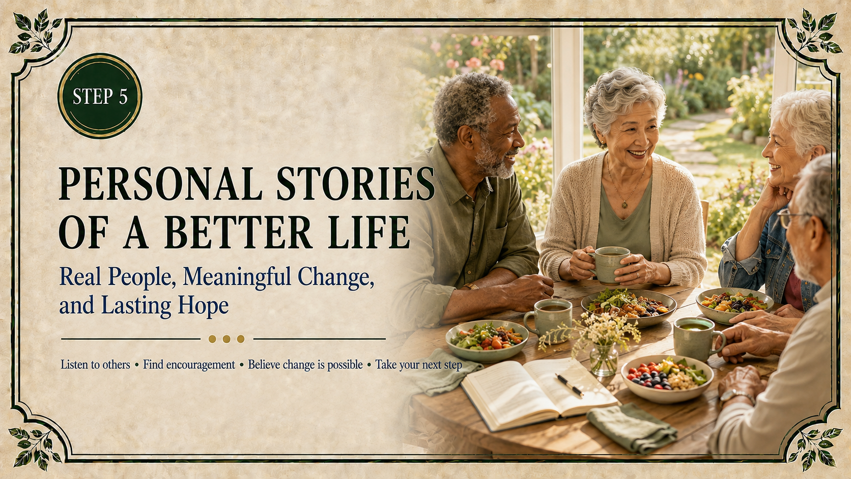 Step 5 inspiration header featuring older adults sharing conversation and healthy food beside a sunny garden