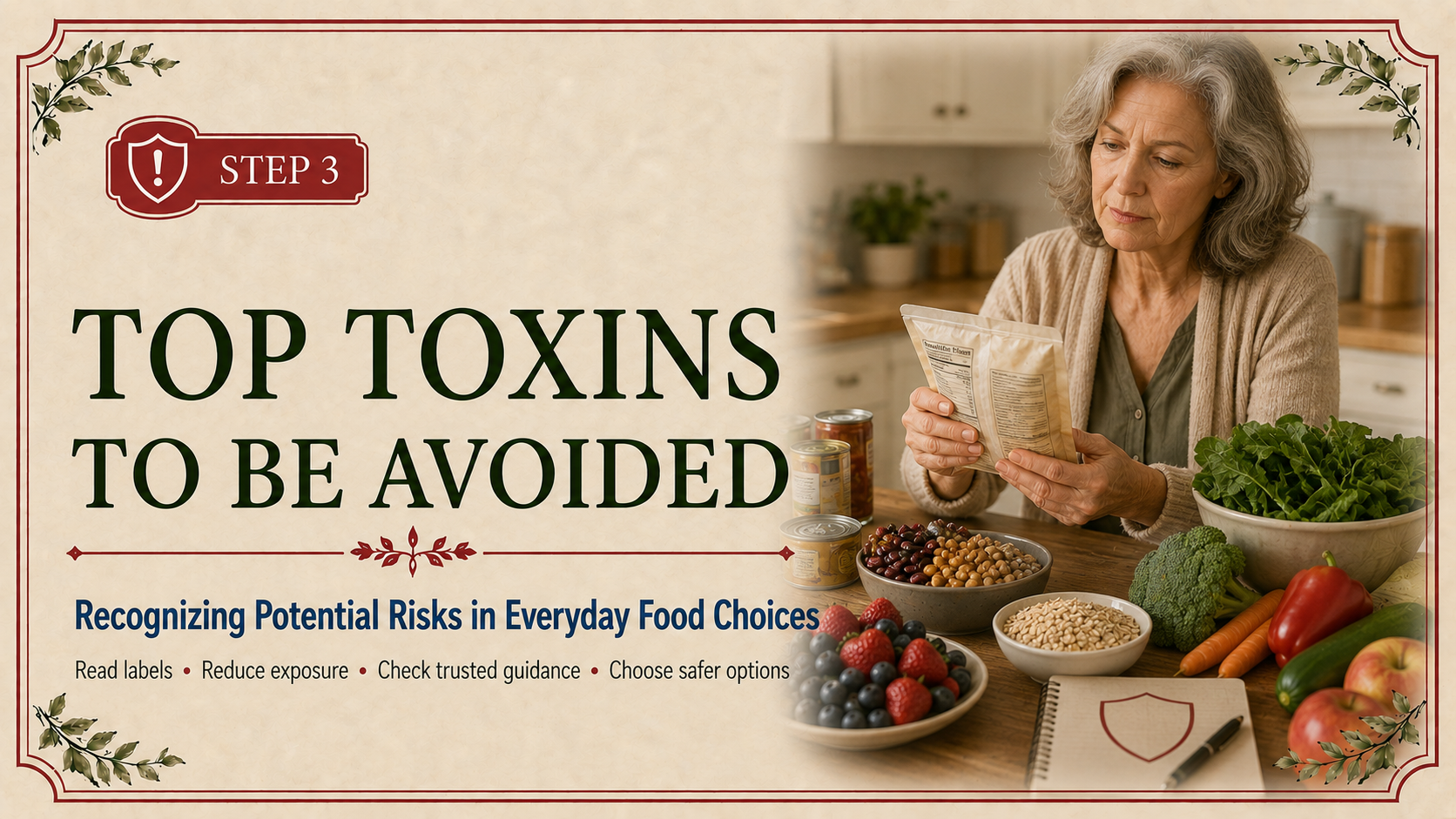 Step 3 header showing an older adult examining a packaged-food label beside canned products, beans, whole grains, berries, and fresh vegetables.