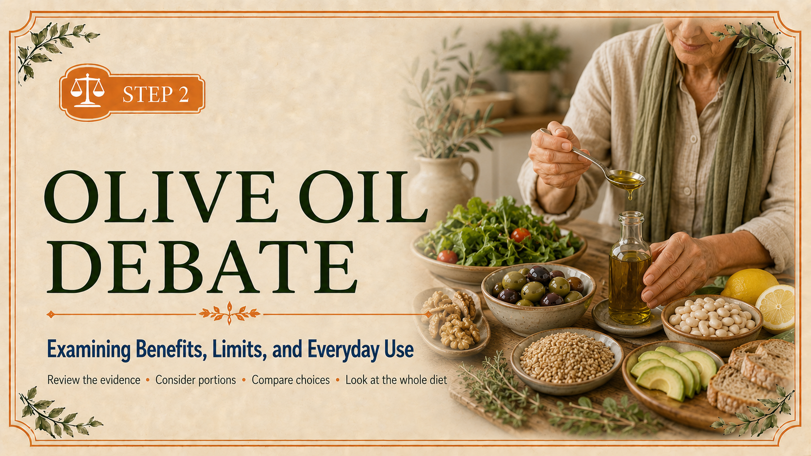Step 2 header showing an older adult measuring olive oil alongside olives, leafy greens, tomatoes, beans, whole grains, walnuts, avocado, and lemon.