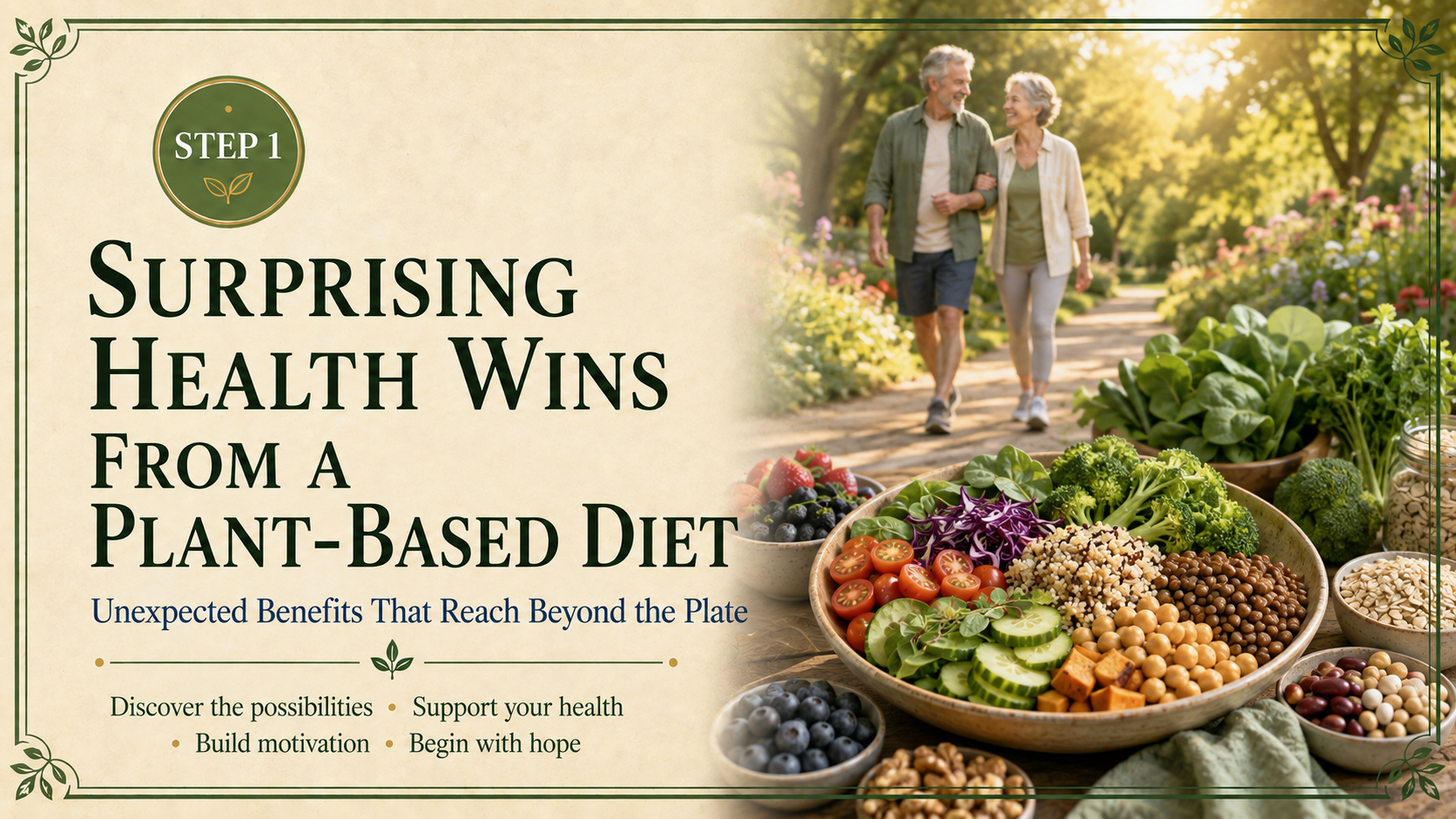 Step 1 health-benefits header featuring colorful whole plant foods and an older couple walking through a sunny garden.