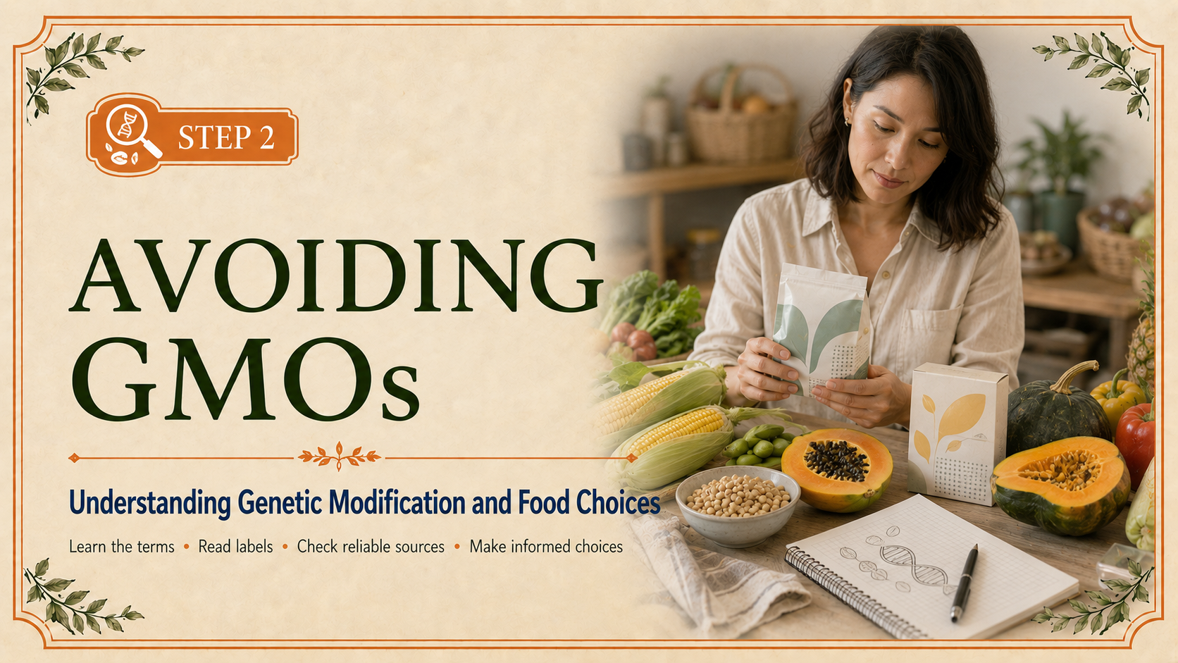 Step 2 header showing an adult examining packaged foods alongside corn, soybeans, papaya, squash, and other fresh produce.