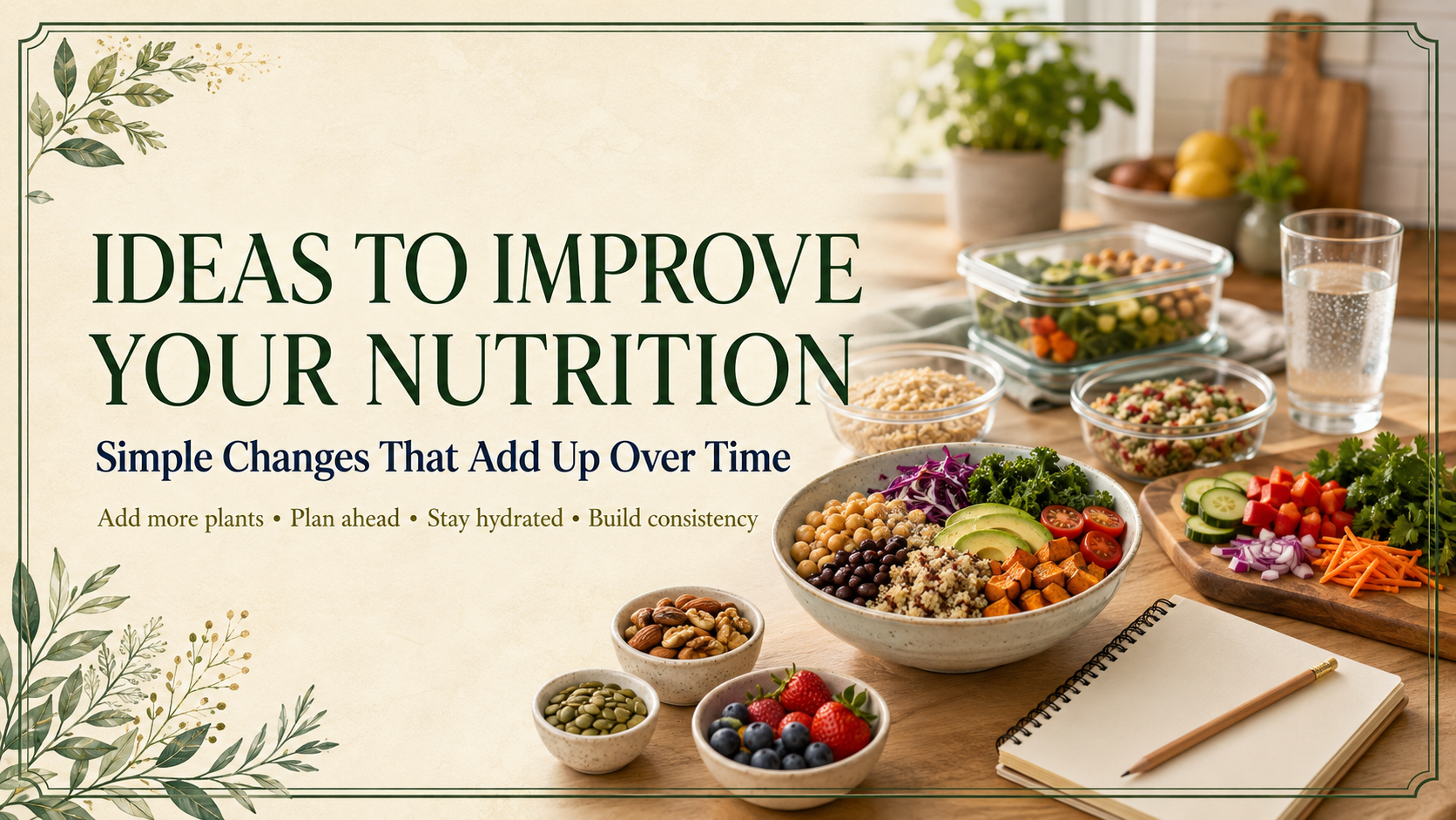 Ideas to improve your nutrition header featuring meal planning, colorful whole-food meals, water, fruits, nuts, and seeds