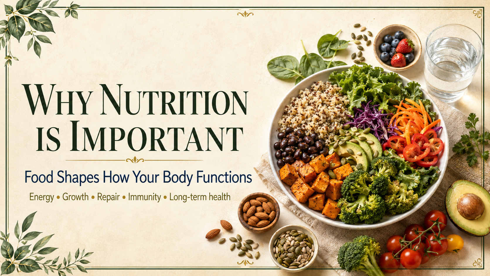 Why nutrition is important header featuring a balanced whole-food meal with vegetables, grains, beans, fruit, nuts, seeds, and water