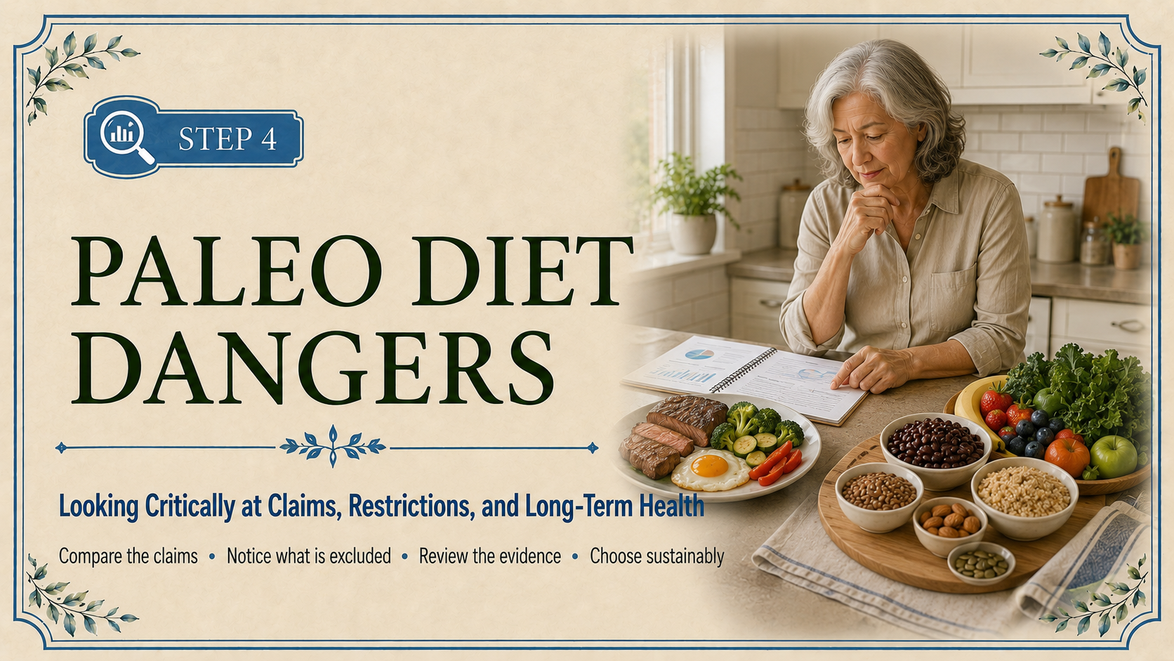 Step 4 header showing an older adult comparing a paleo-style plate with a varied selection of beans, whole grains, fruits, vegetables, nuts, and seeds.