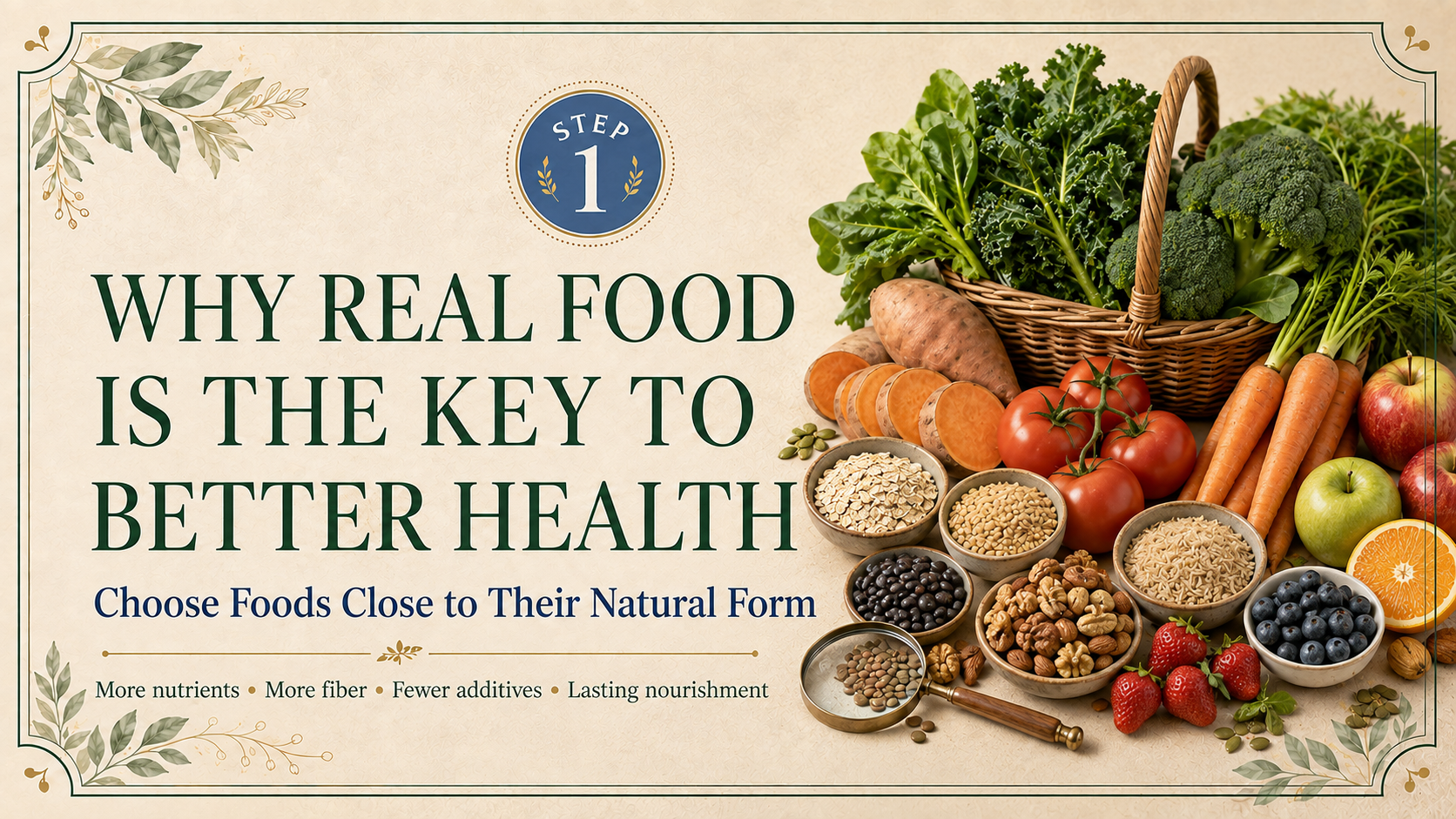 Step 1 real food header featuring a market basket of vegetables, fruits, whole grains, beans, nuts, seeds, and a magnifying glass