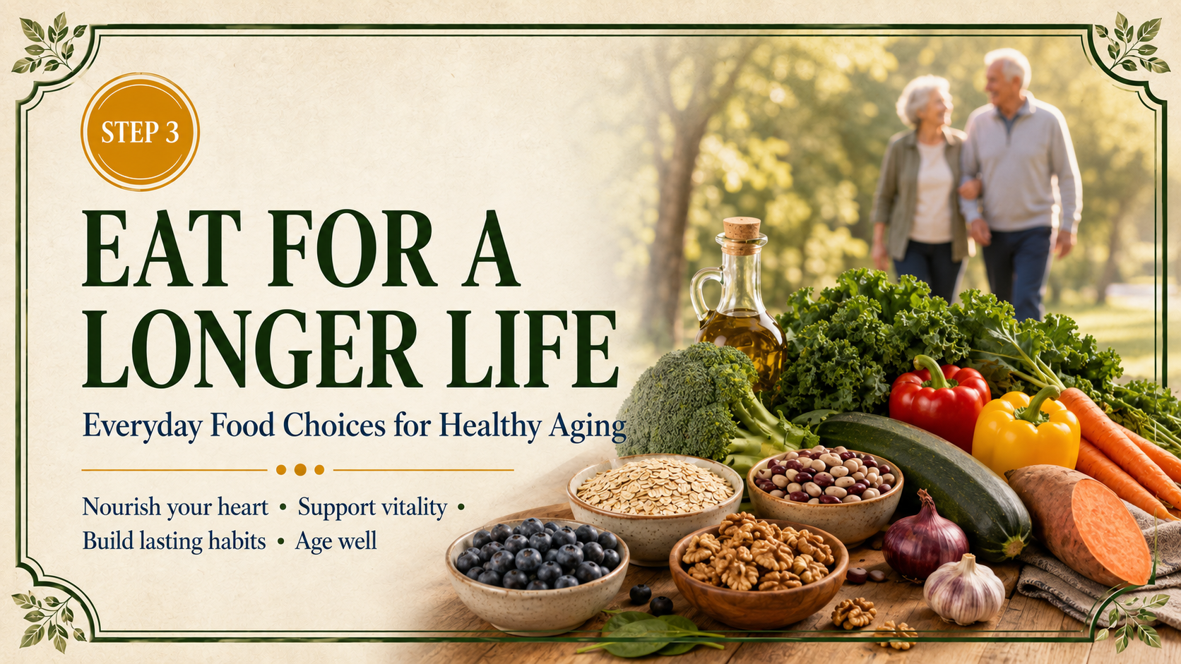 Step 3 healthy-aging header featuring colorful whole foods and an older couple walking outdoors.