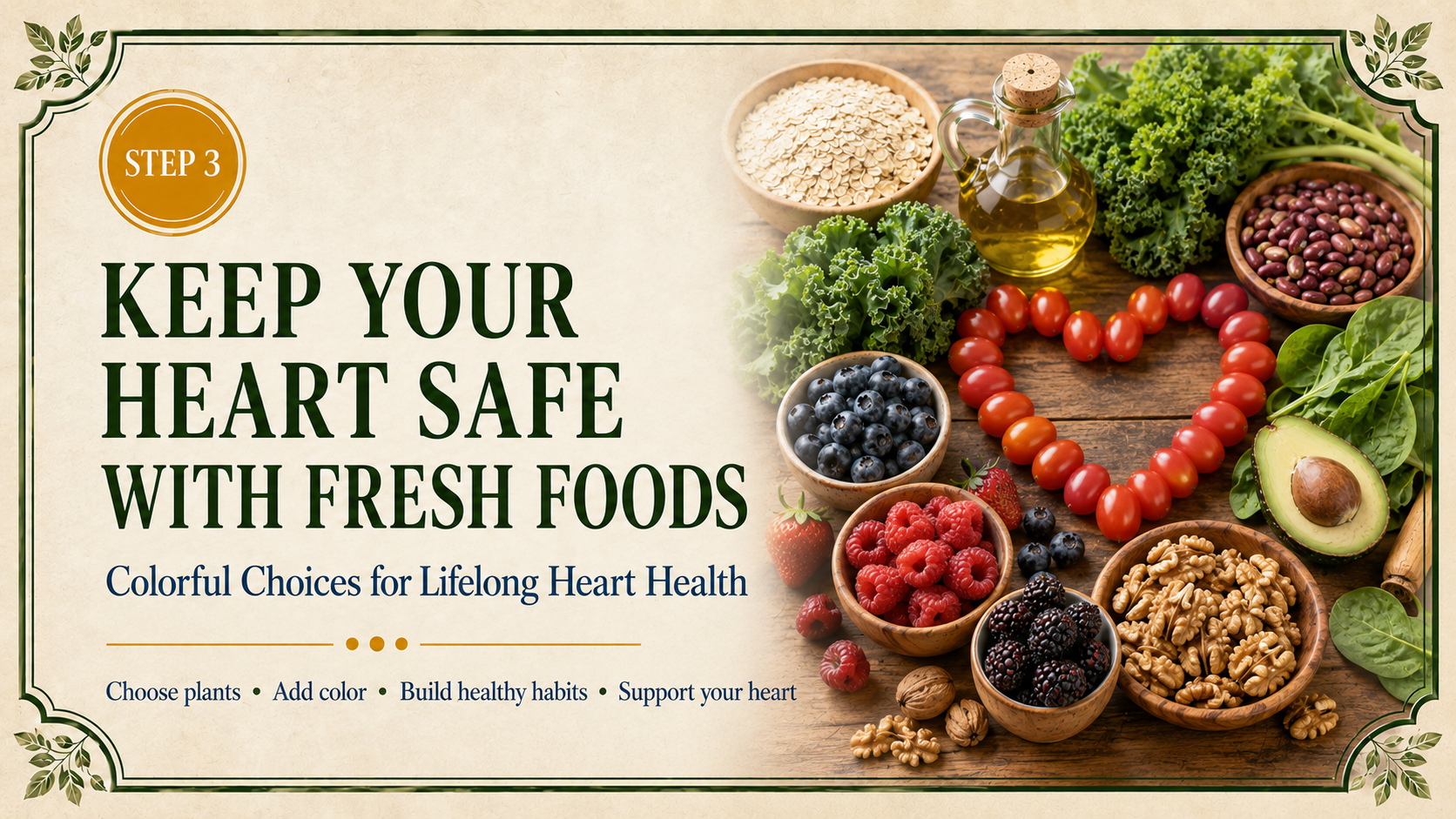 Step 3 heart-health header featuring a heart-shaped arrangement of tomatoes surrounded by colorful whole foods.
