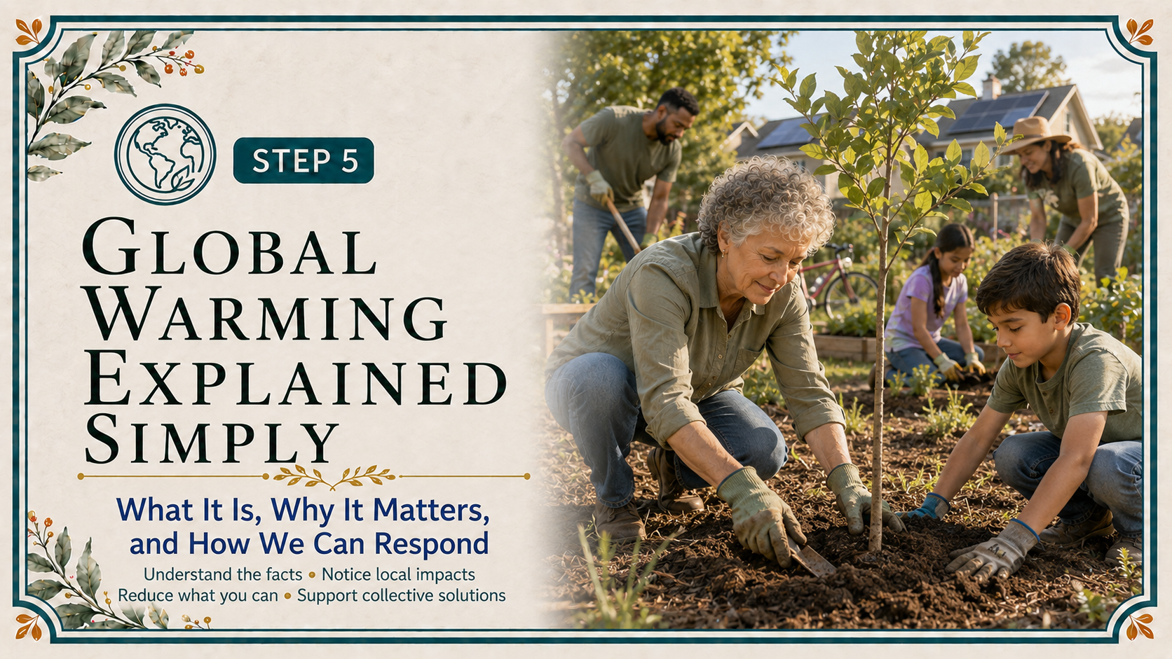 Older adult and community members planting a young tree in a neighborhood garden, illustrating practical and collective responses to global warming.