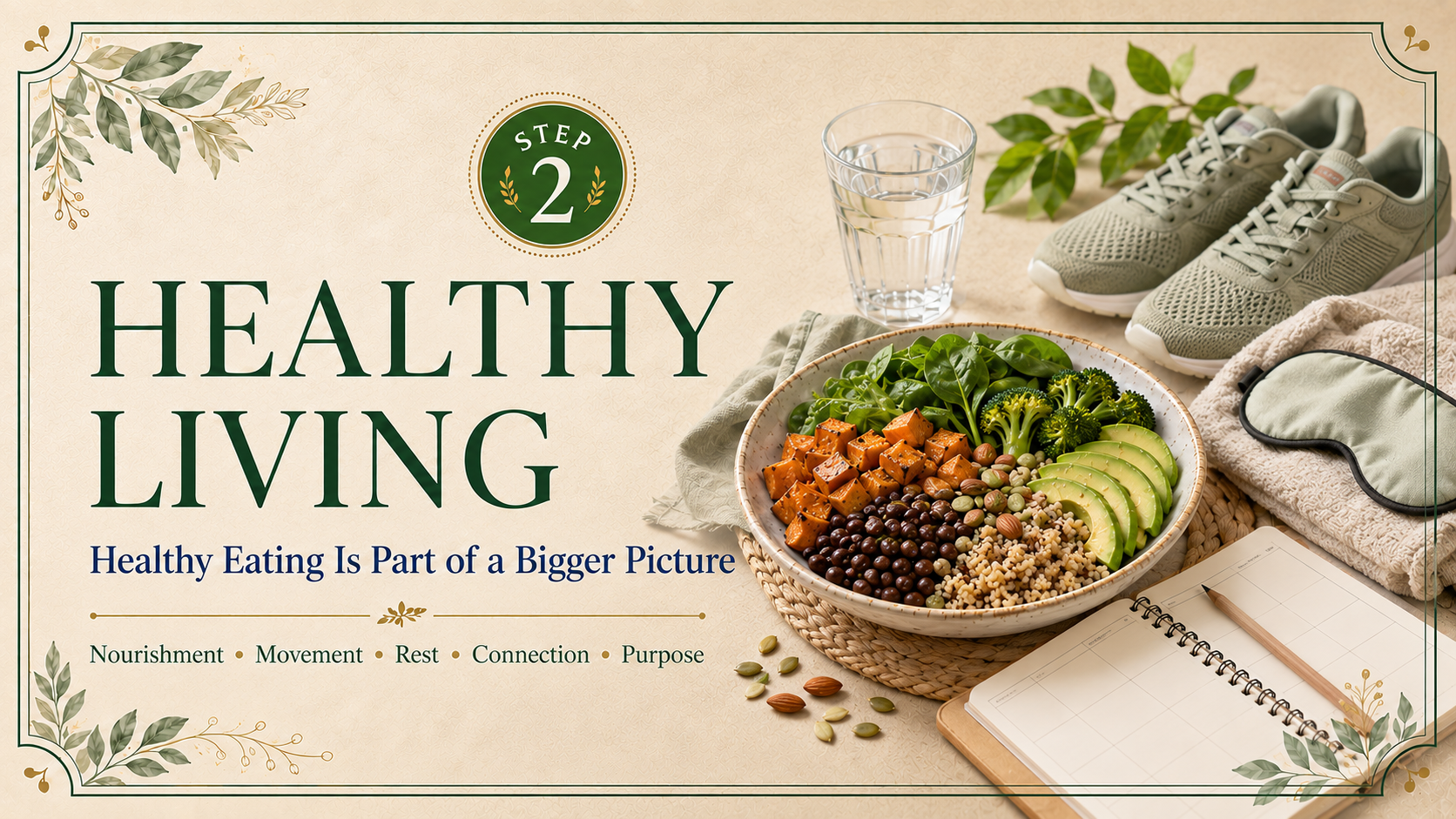Step 2 healthy living header featuring a balanced whole-food meal, water, walking shoes, a sleep mask, and a weekly planner