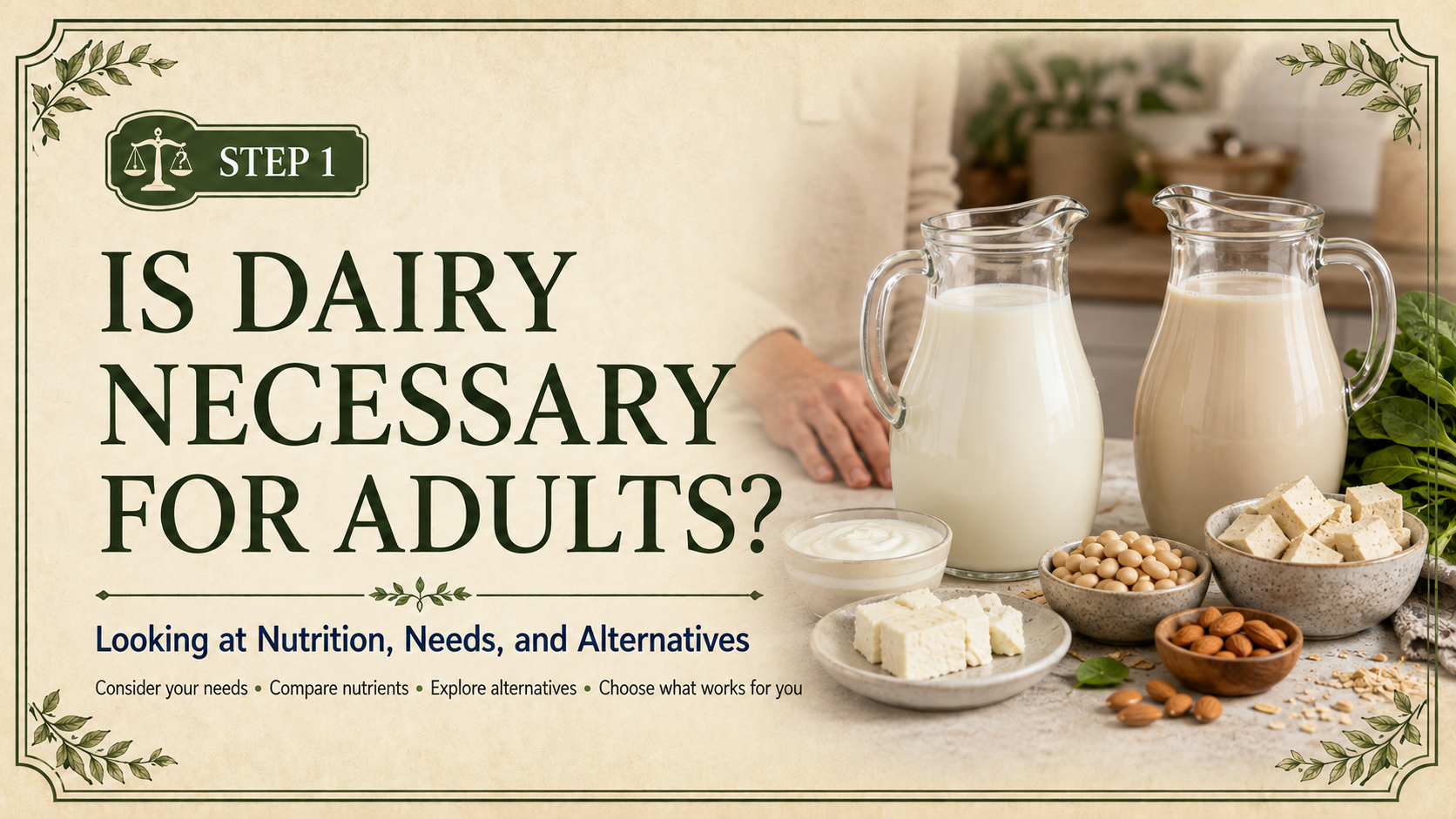 Step 1 header comparing dairy foods with plant-based alternatives, including plant milk, tofu, beans, leafy greens, and almonds