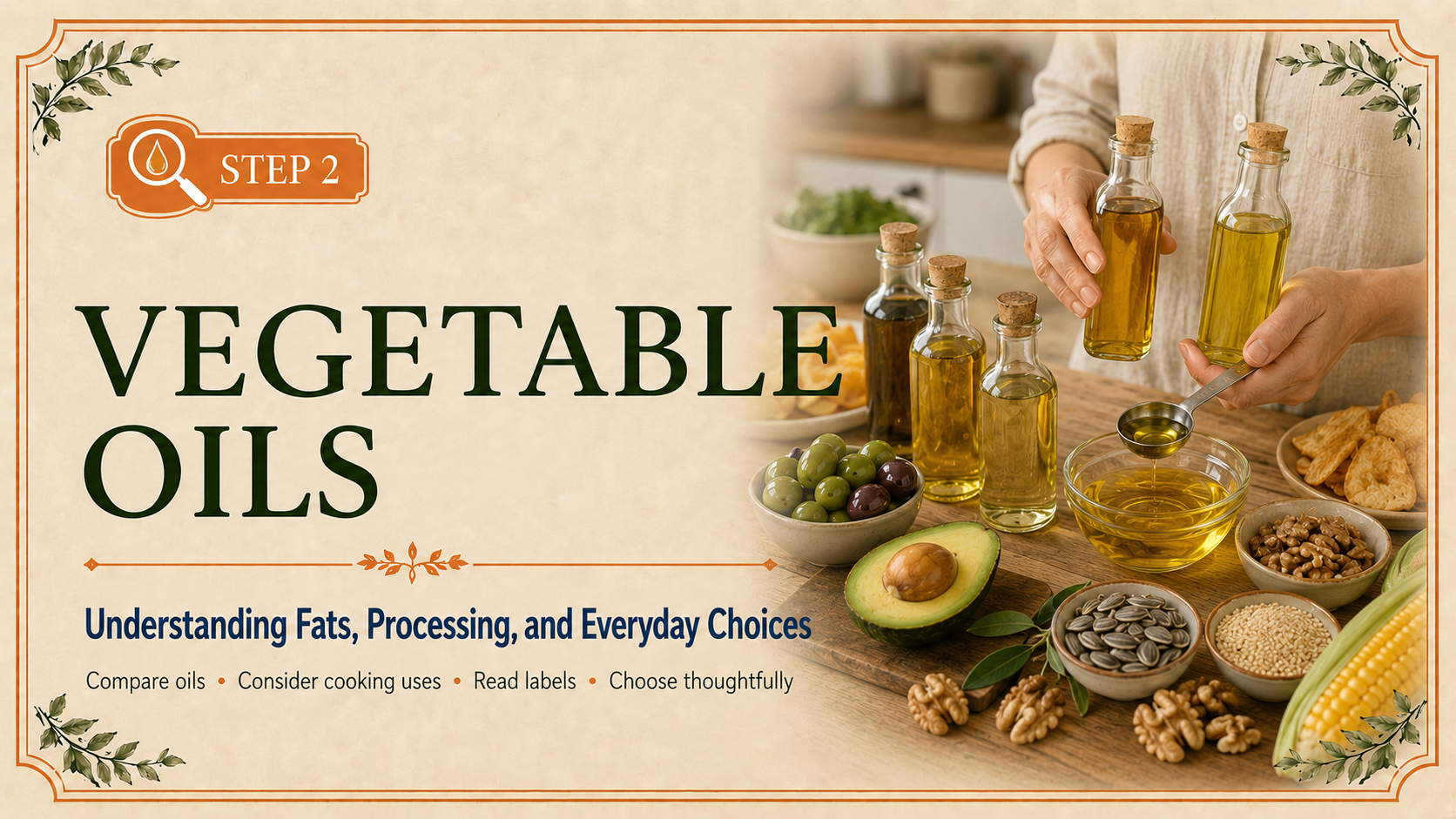 Step 2 header showing an adult comparing cooking oils alongside olives, avocado, walnuts, sunflower seeds, sesame seeds, and corn.