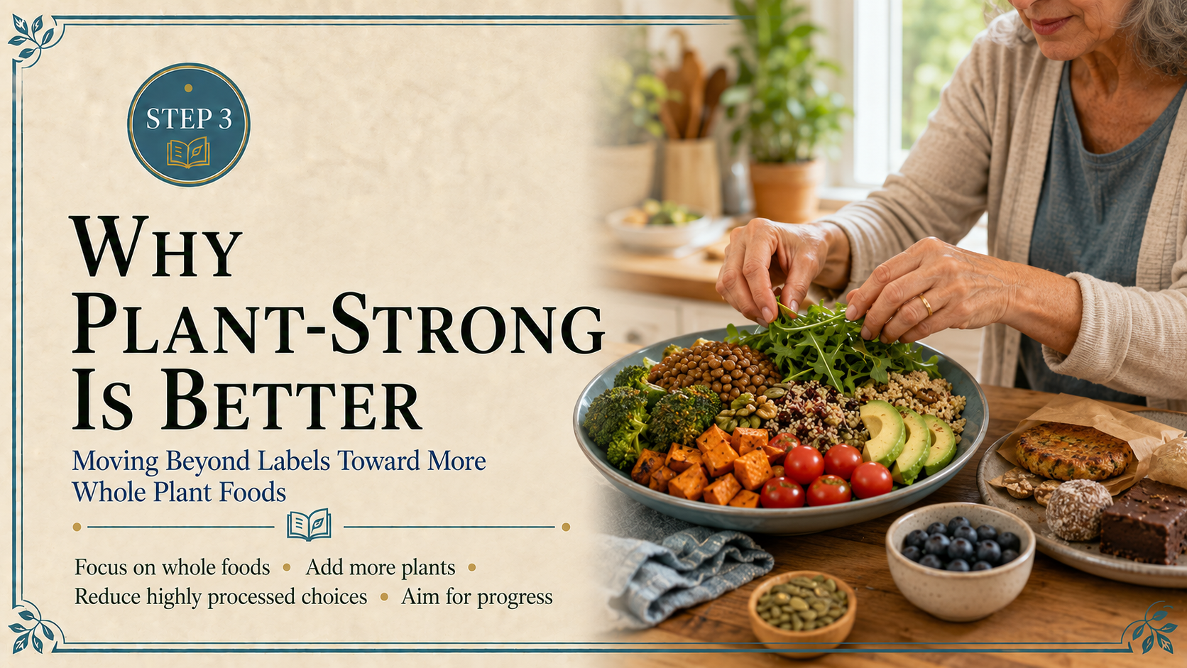 Step 3 plant-strong header featuring an older woman adding greens to a whole-food bowl with plant-based convenience foods nearby.