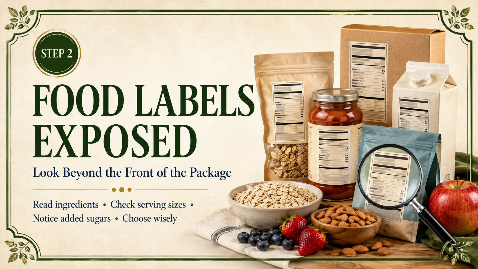 Step 2 food-labels header featuring unbranded packages, nutrition panels, a magnifying glass, oats, fruit, and nuts.