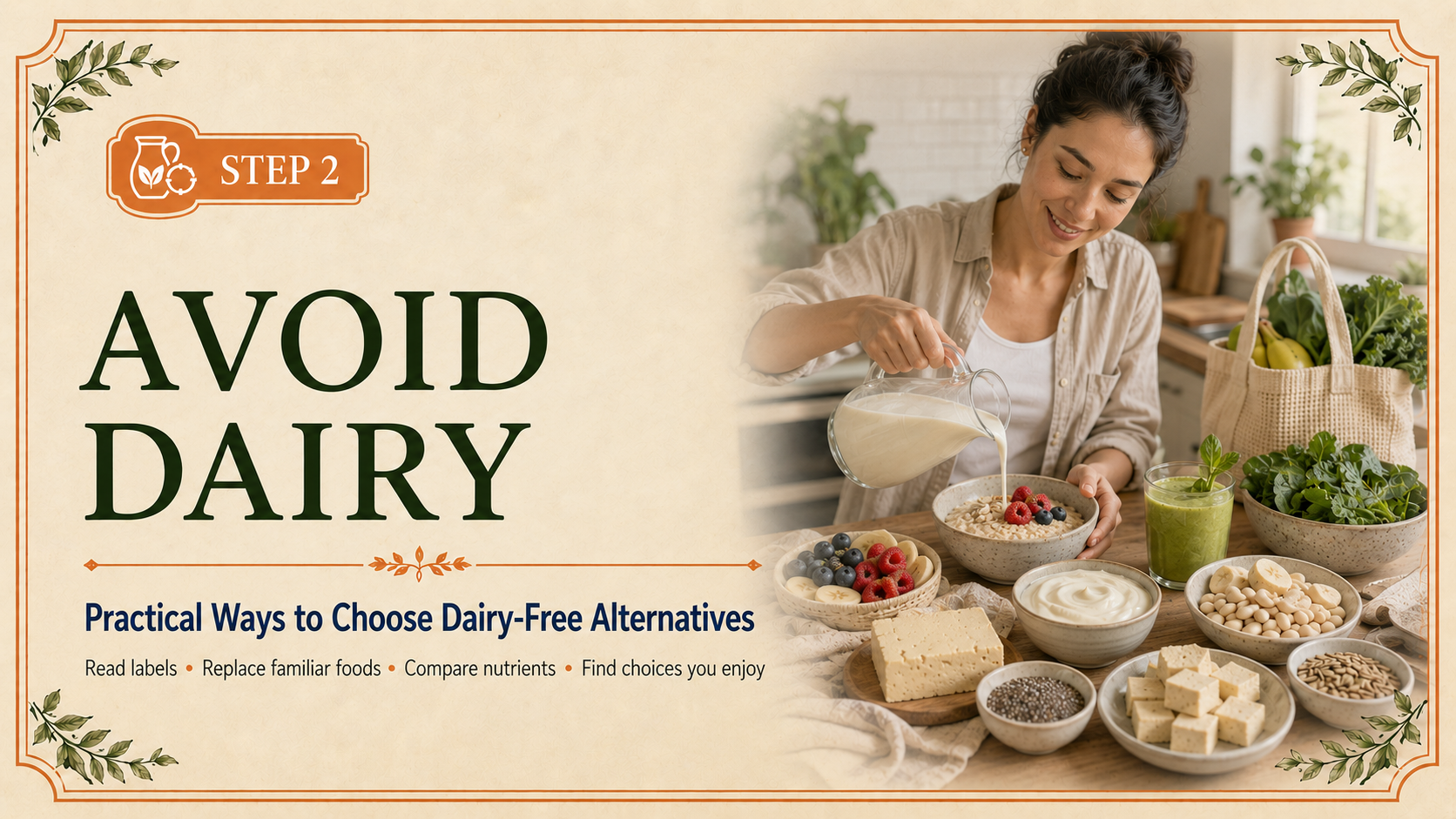 Step 2 header showing an adult preparing a dairy-free breakfast with plant milk, oatmeal, fruit, tofu, beans, seeds, and leafy greens.