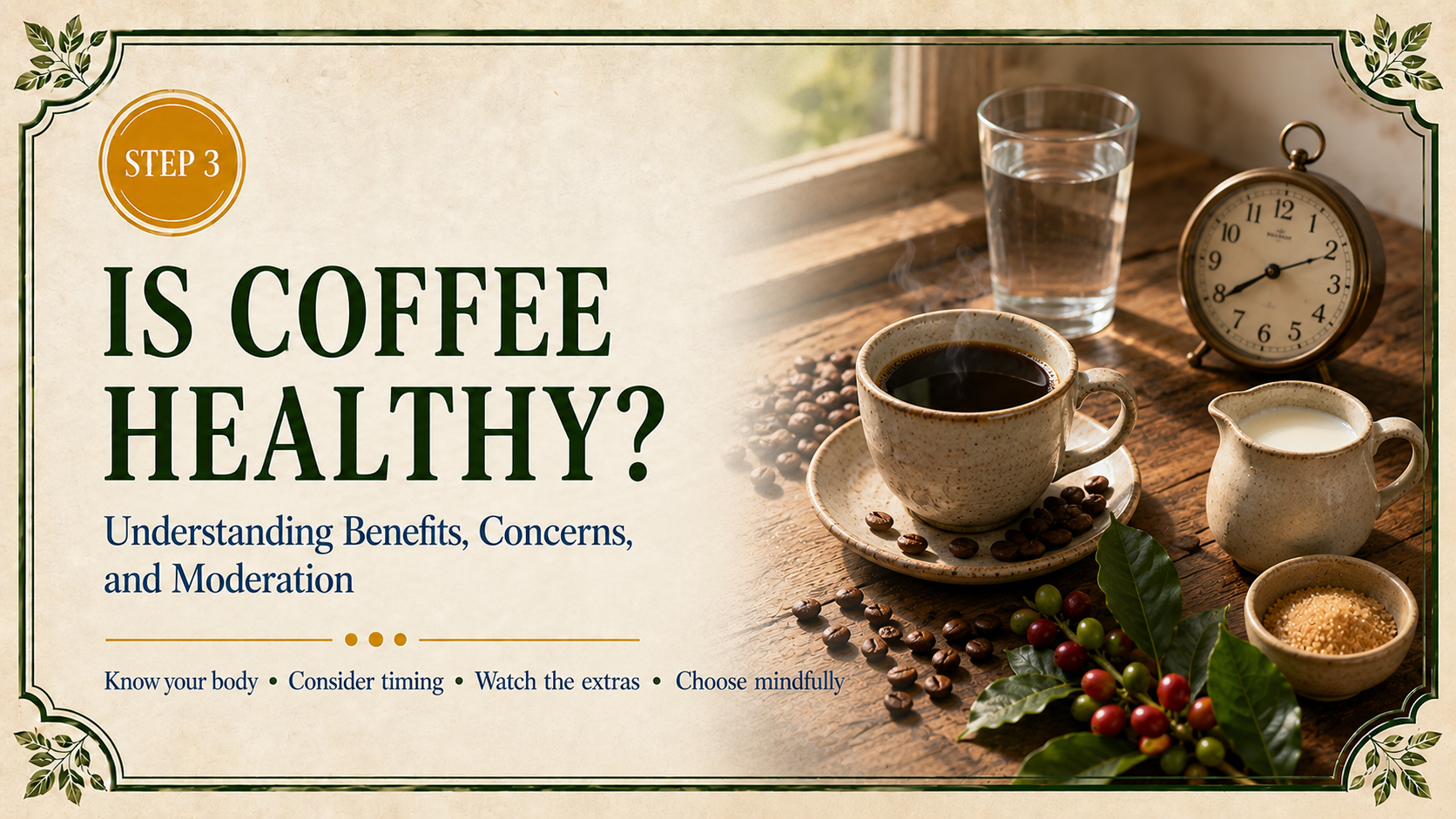 Step 3 coffee header featuring black coffee, coffee beans, water, a clock, plant milk, and sugar as reminders of timing and moderation.