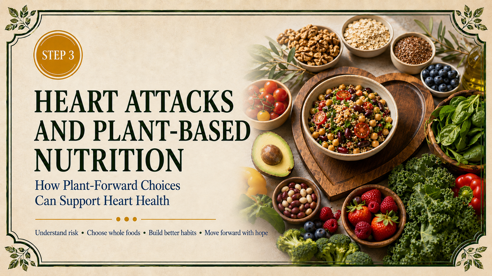 Step 3 plant-based nutrition header featuring a colorful bean-and-grain bowl on a heart-shaped board surrounded by whole plant foods.