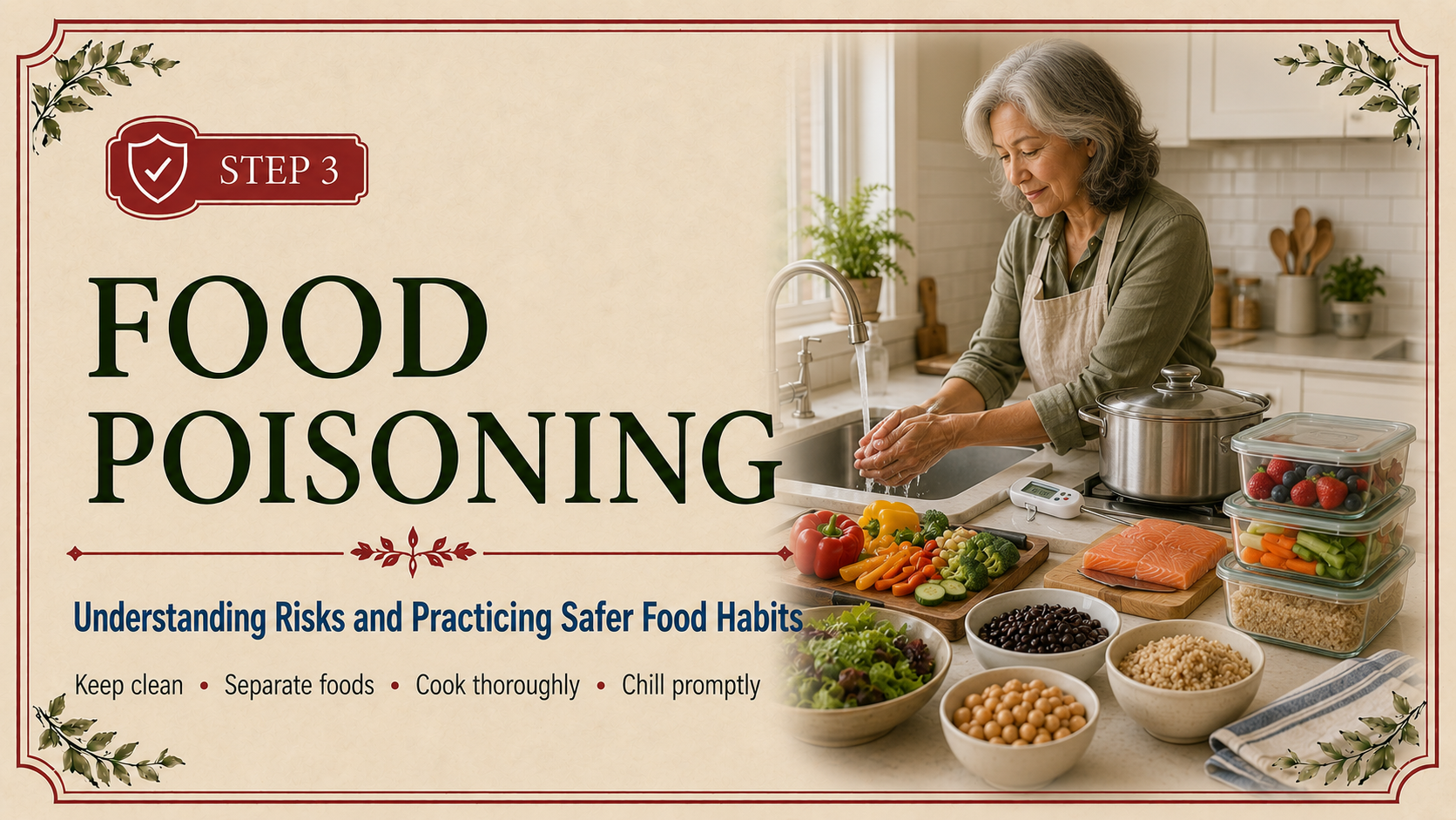 Step 3 header showing an older adult washing her hands while practicing safe food preparation with separate ingredients, a food thermometer, and covered storage containers.