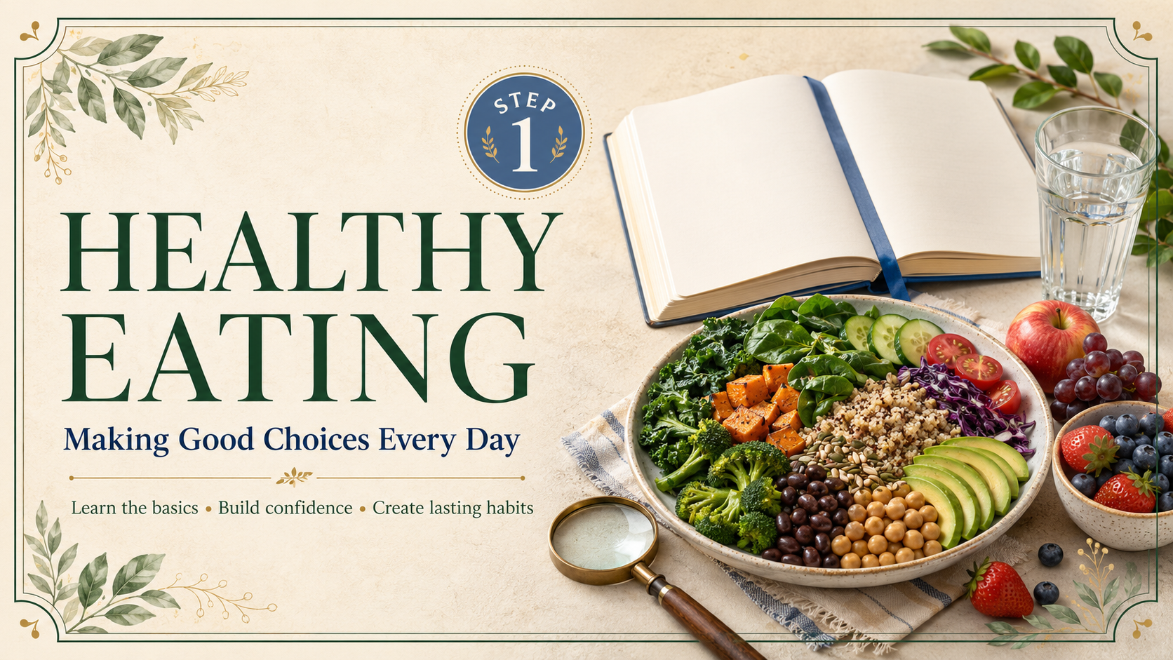 Healthy eating Step 1 header featuring an open learning guide, magnifying glass, water, fruit, and a balanced whole-food meal