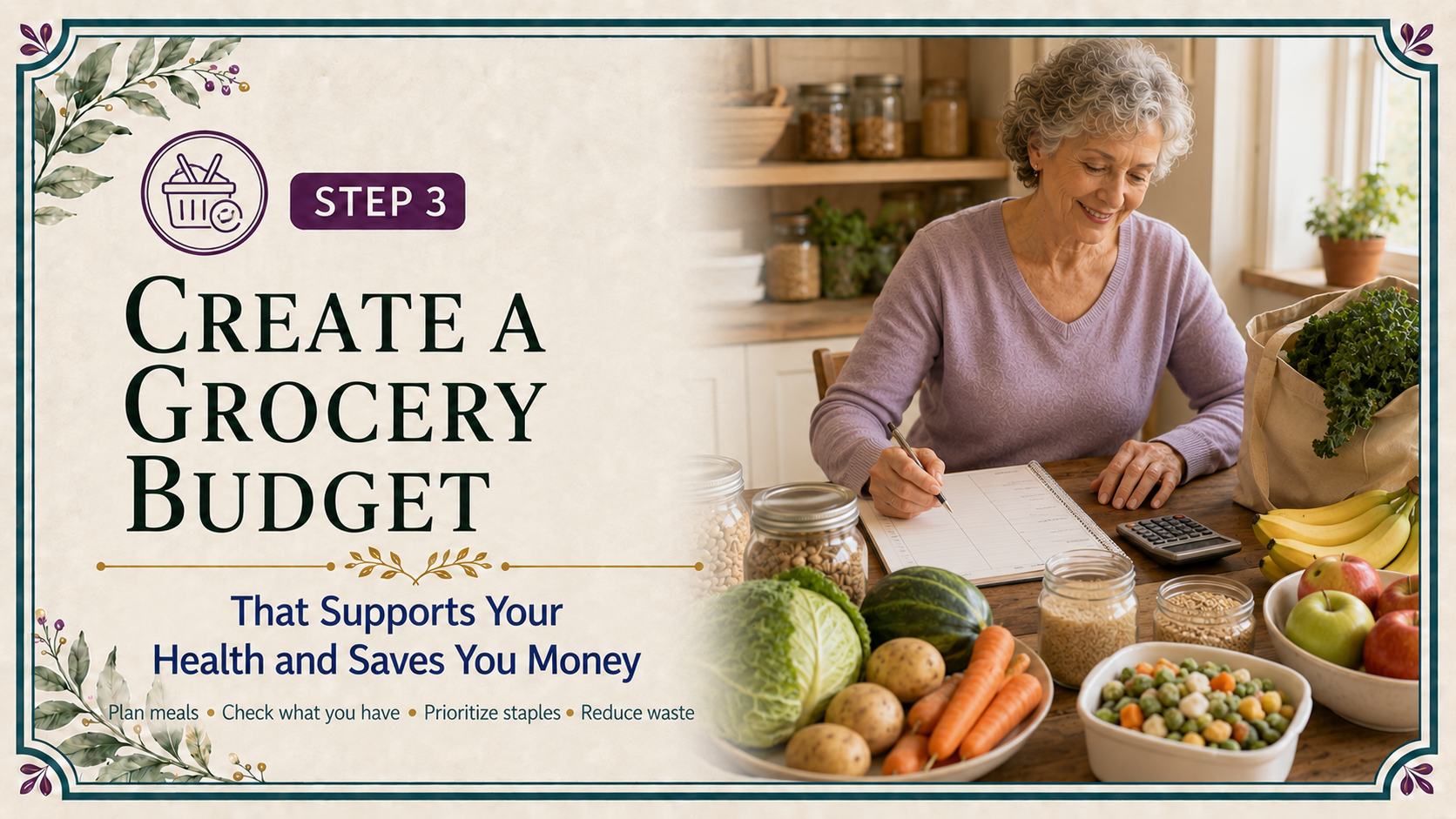 Step 3 header showing an older adult planning a grocery budget beside affordable staples, beans, grains, fruits, vegetables, a calculator, and a reusable grocery bag.