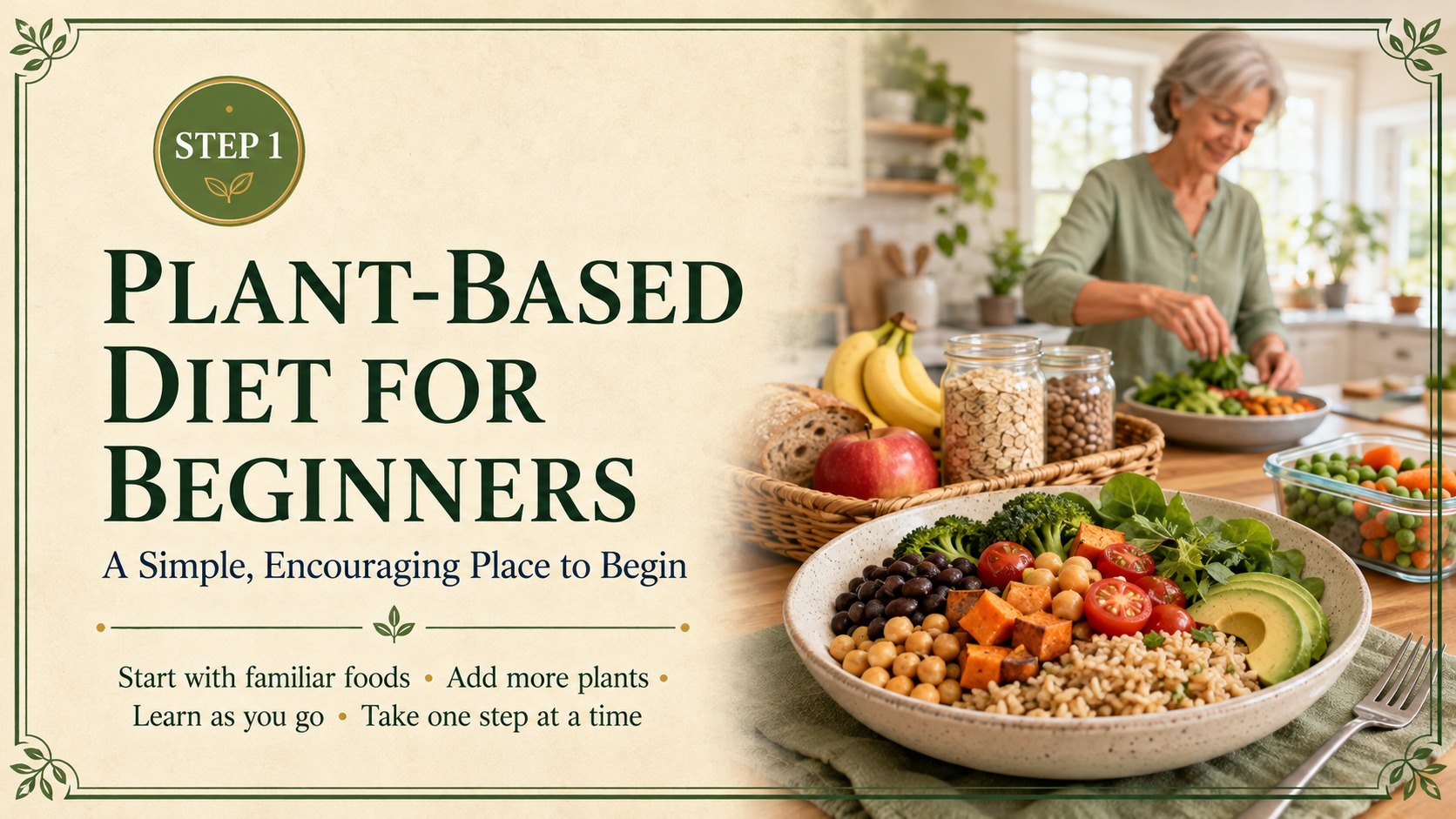 Step 1 beginner’s plant-based diet header featuring a colorful grain-and-bean bowl, familiar groceries, and an older woman preparing a meal.