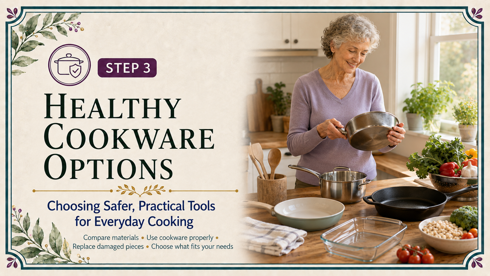 Step 3 header showing an older adult comparing stainless-steel, cast-iron, ceramic, and glass cookware in a bright kitchen with fresh vegetables and beans.