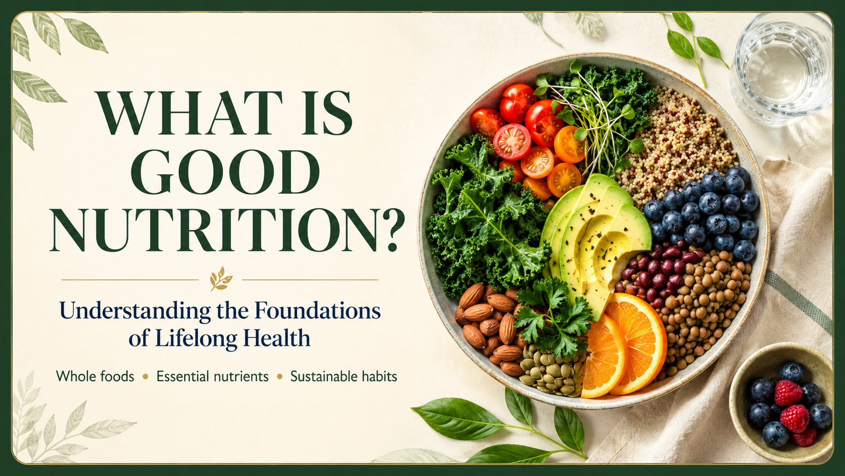 What Is Good Nutrition header featuring whole foods, essential nutrients, and sustainable habits