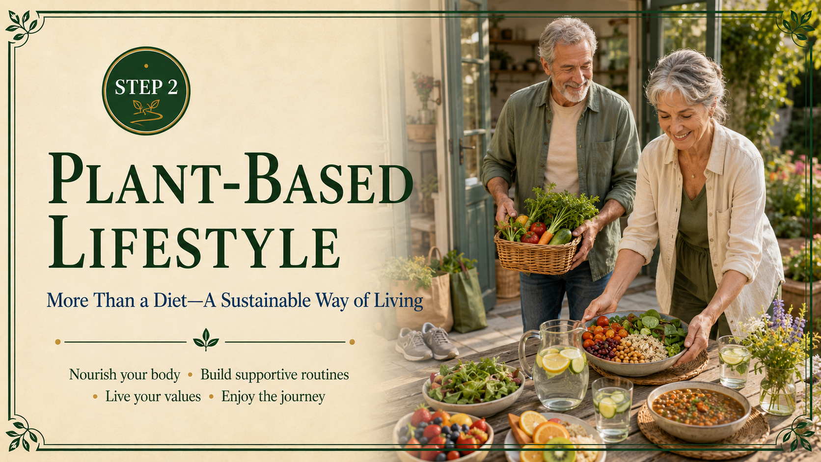 Step 2 plant-based lifestyle header featuring an older couple bringing garden vegetables to a colorful outdoor whole-food meal.