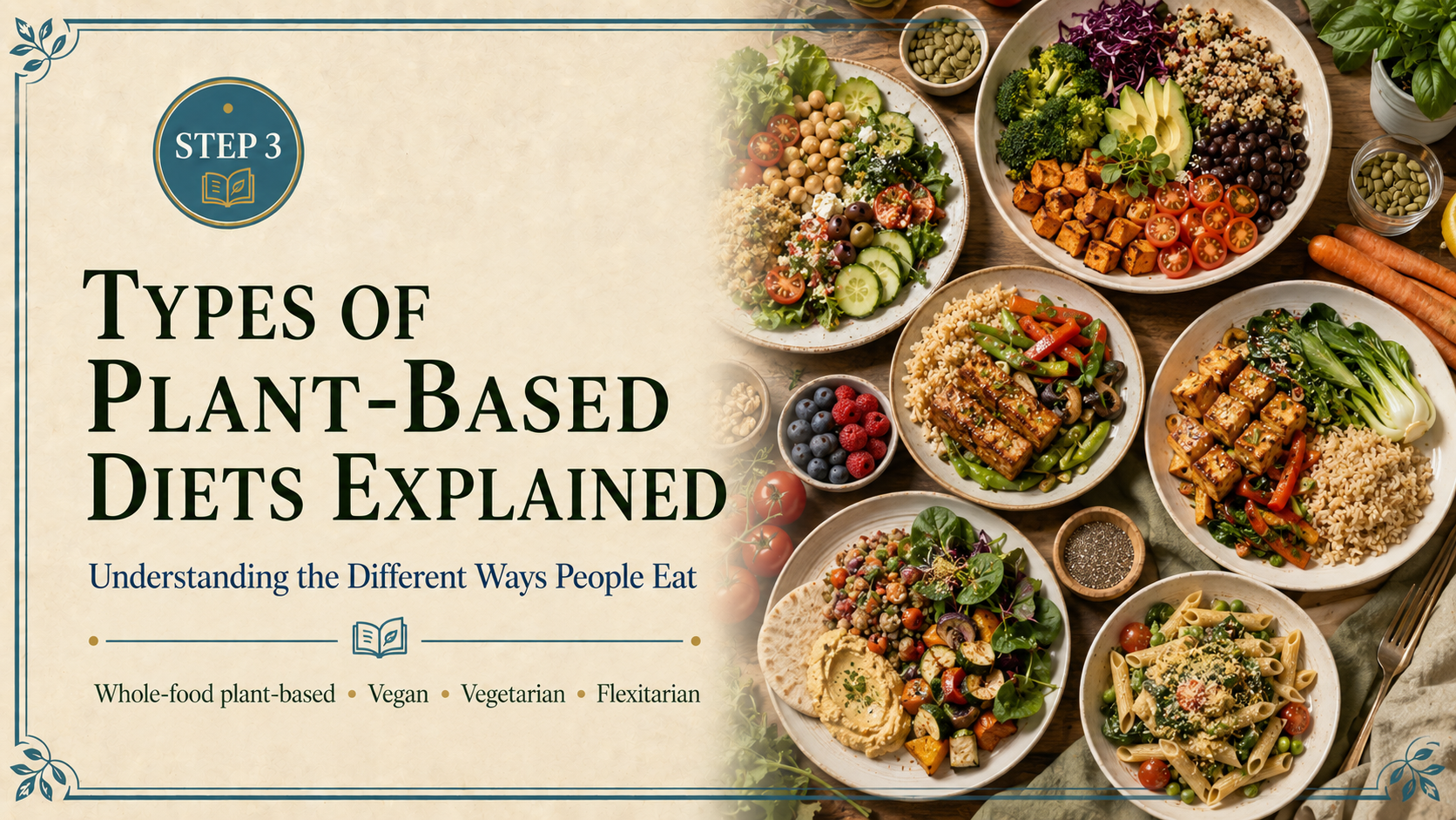 Step 3 educational header featuring several different plant-forward meals representing whole-food plant-based, vegan, vegetarian, and flexitarian approaches.