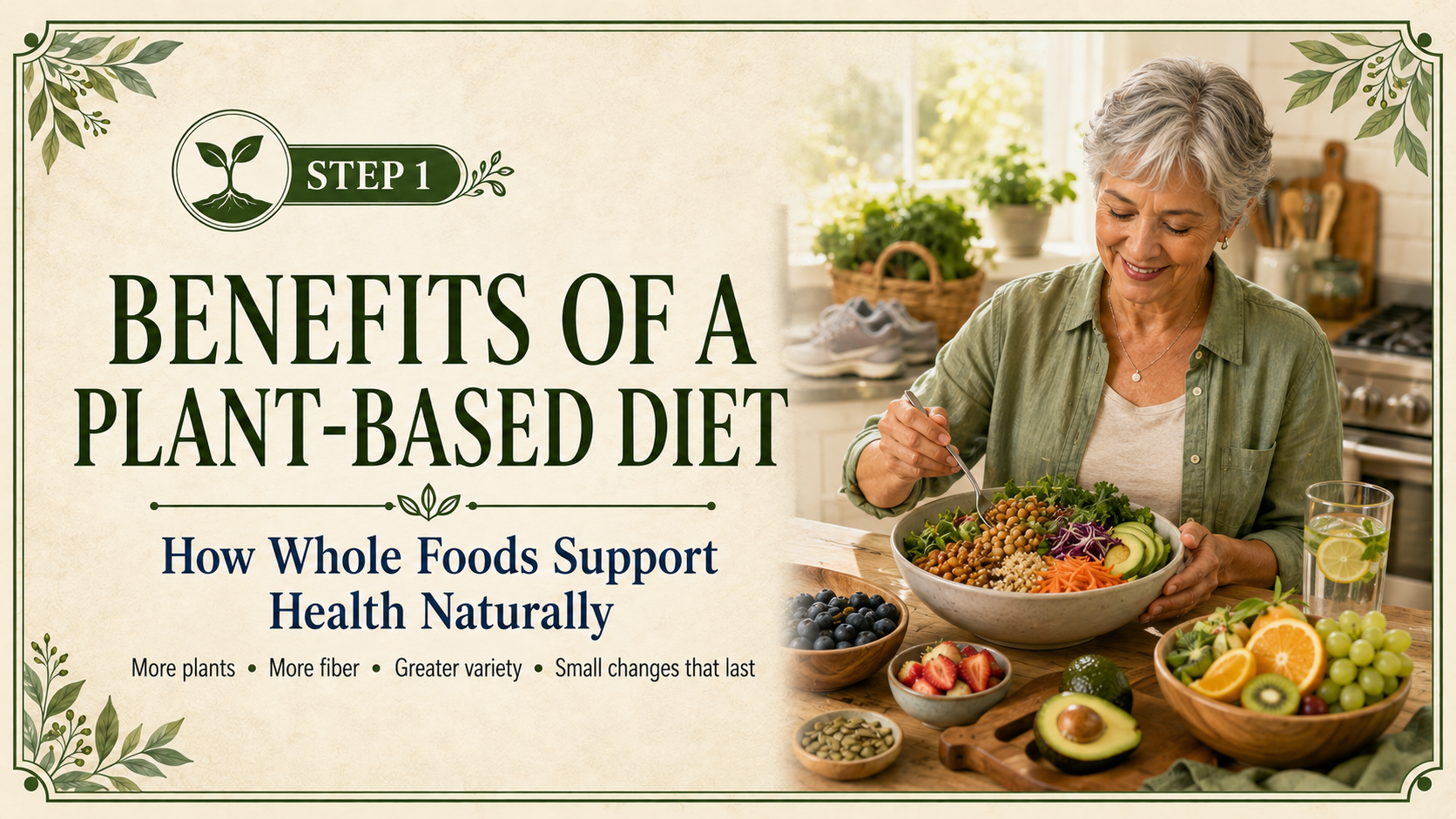 Step 1 header showing an older adult enjoying a colorful whole-food, plant-based meal with beans, whole grains, vegetables, fruit, avocado, and seeds.
