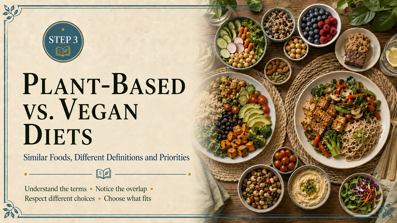 Step 3 comparison header featuring two complementary plant-focused meals representing plant-based and vegan eating approaches.