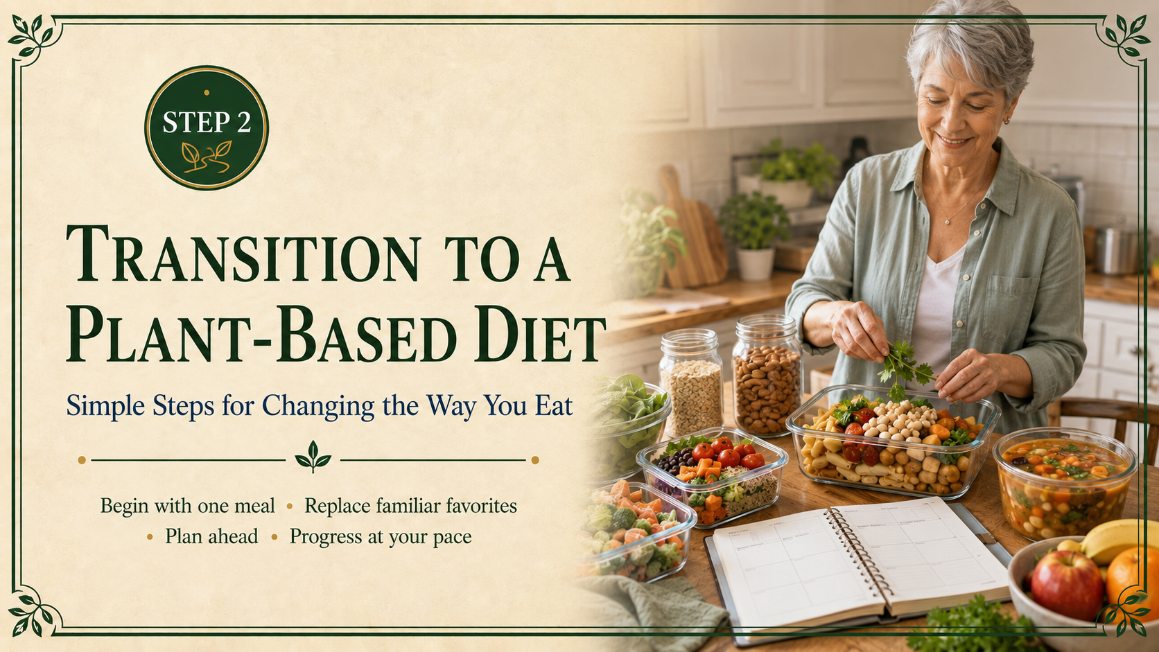 Step 2 transition header featuring an older woman planning and preparing several familiar plant-based meals.