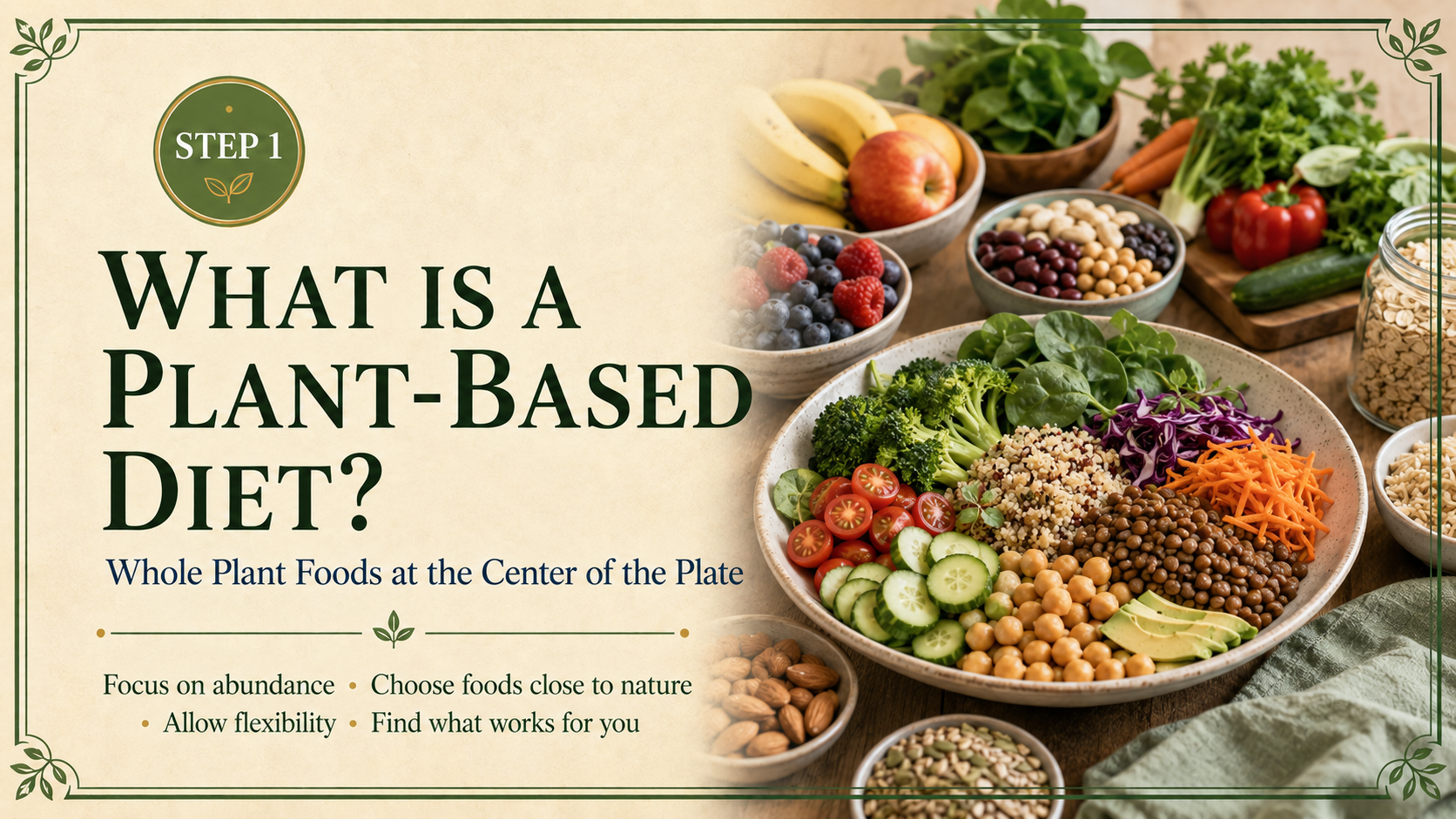 Step 1 plant-based diet header featuring a balanced bowl surrounded by fruits, vegetables, beans, whole grains, nuts, and seeds.