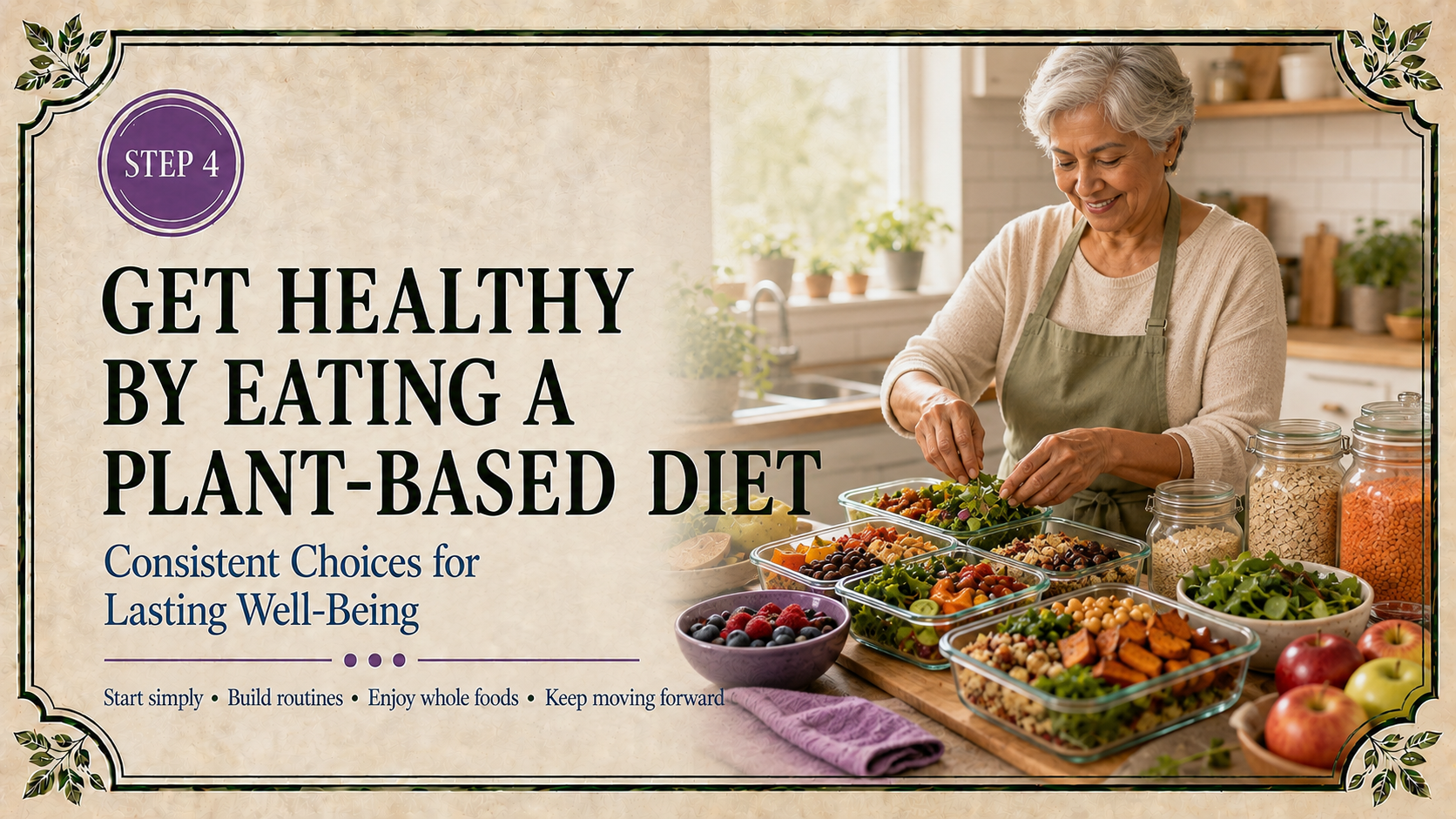 Step 4 lifestyle header featuring an older woman preparing colorful plant-based meals for a consistent weekly routine.