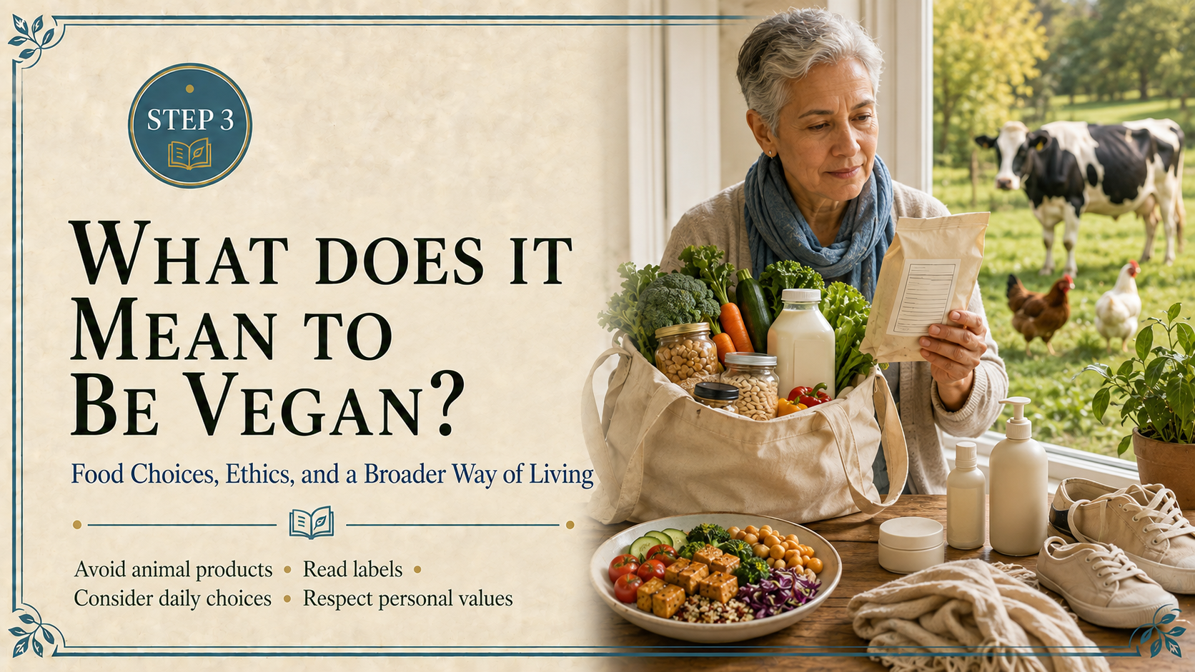 Step 3 vegan-living header featuring an older woman reading a package label beside plant foods, personal-care items, canvas shoes, and peaceful farm animals.