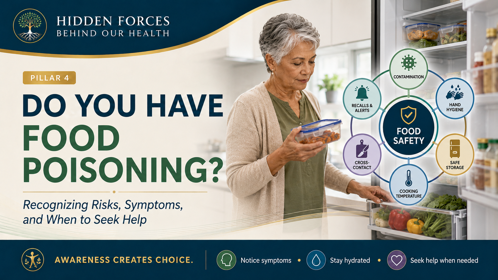 Pillar 4 header showing an older adult checking refrigerated food storage beside a diagram of common food-safety risks and precautions.