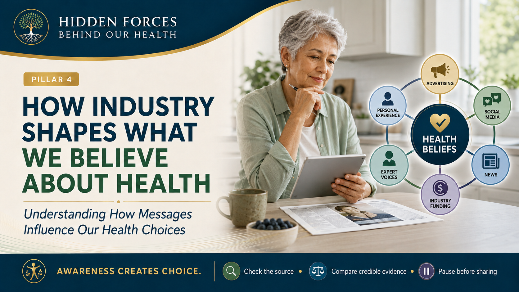 Pillar 4 header showing an older adult evaluating health information beside a diagram of the media, industry, expert, and personal influences shaping health beliefs.