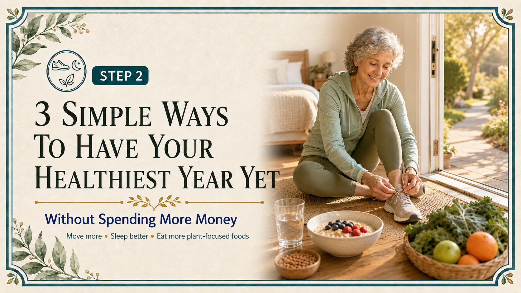 Step 2 header showing an older adult tying walking shoes beside a simple plant-focused breakfast, fresh produce, water, and a neatly made bed.