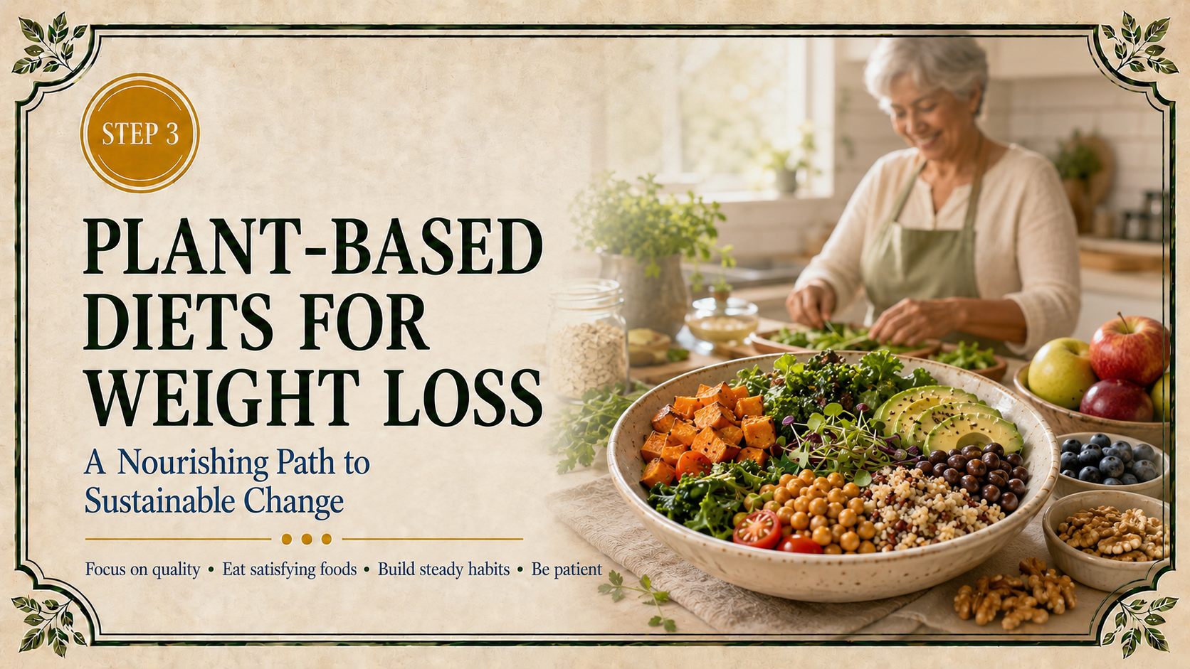 Step 3 weight-management header featuring a satisfying plant-based meal and an older woman preparing fresh food.