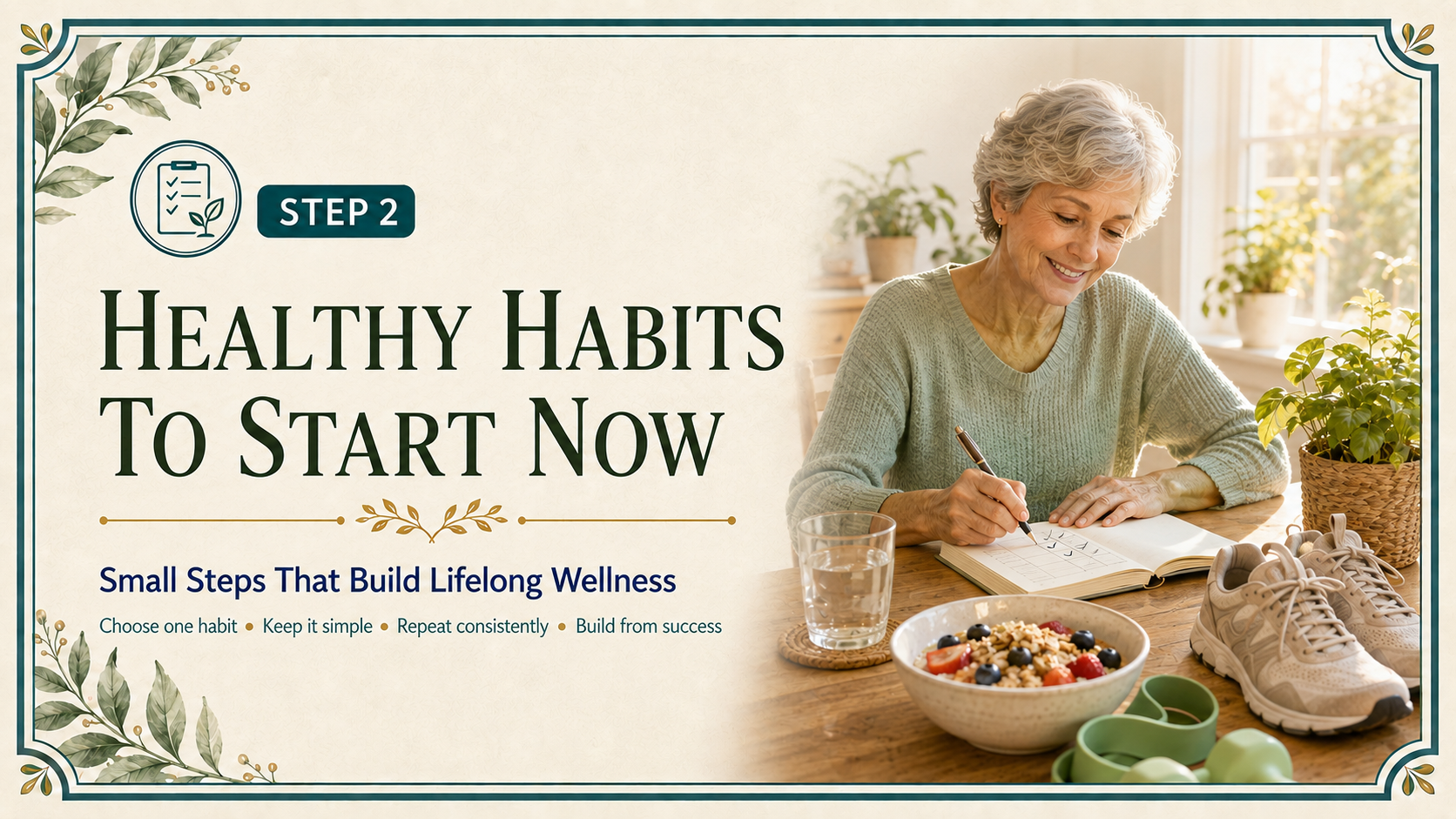 Step 2 header showing an older adult tracking simple habits beside water, a healthy breakfast, walking shoes, light weights, and a thriving plant