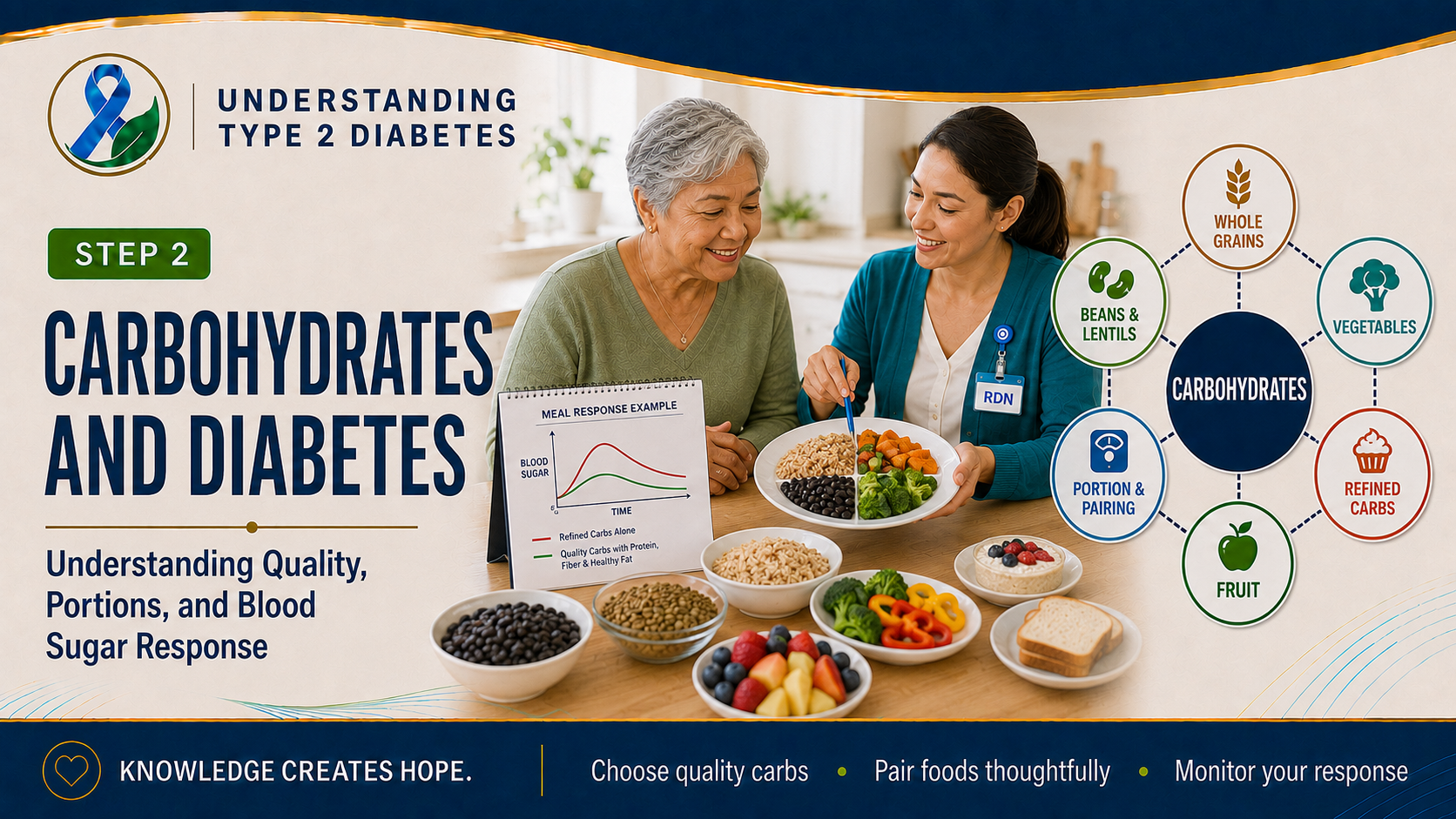 Step 2 diabetes header showing an older adult comparing carbohydrate quality, portions, food pairing, and meal response with a dietitian beside a diagram of carbohydrate sources.