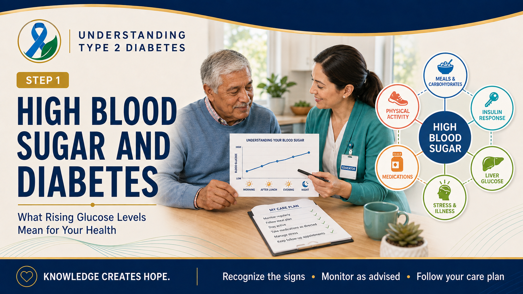 Step 1 diabetes header showing an older adult reviewing rising blood-sugar levels and a care plan with a diabetes educator beside a diagram of factors affecting high blood sugar.