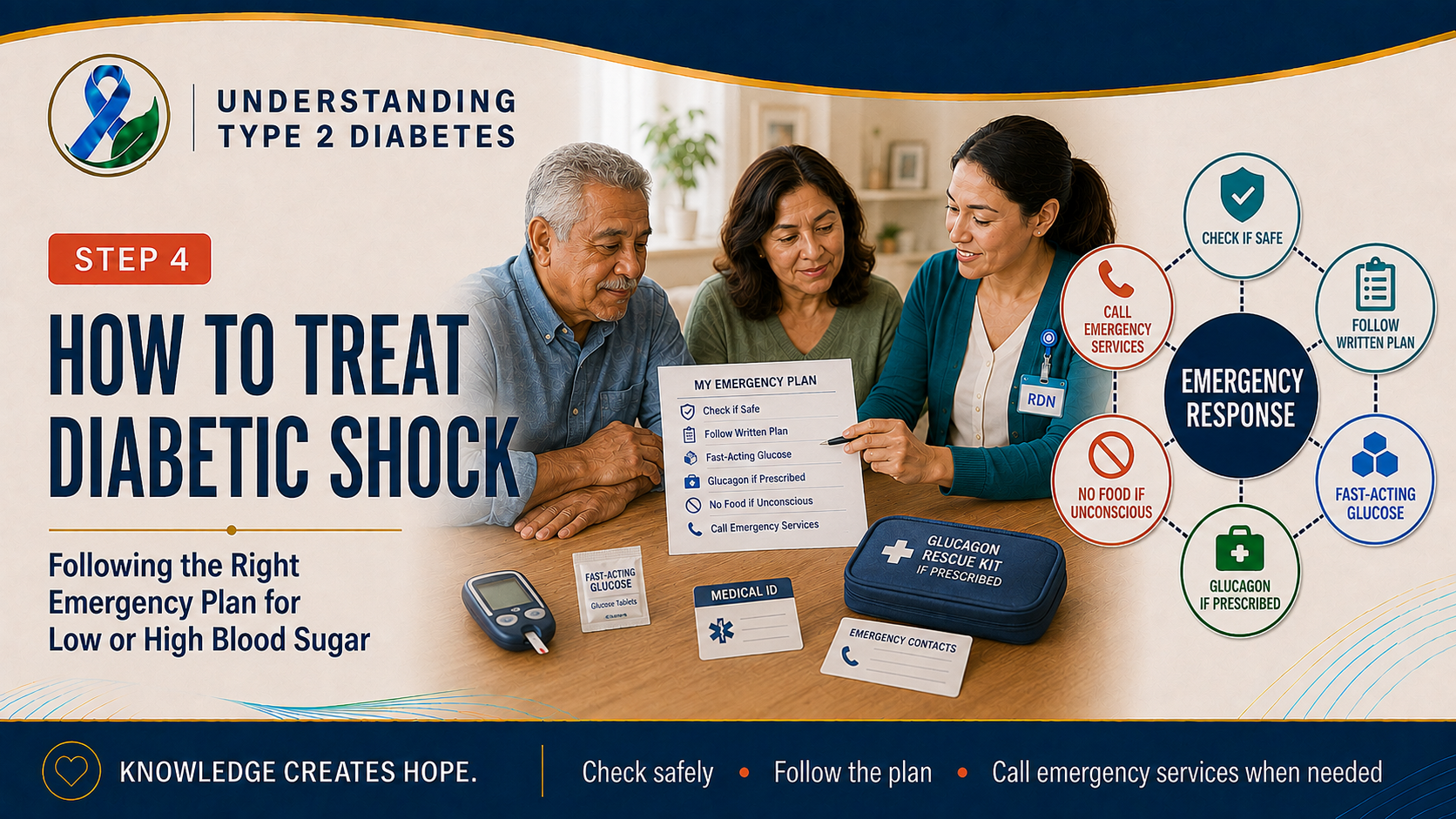 Step 4 diabetes header showing an older adult and family member practicing a written blood-sugar emergency plan with a healthcare professional and prepared rescue supplies.