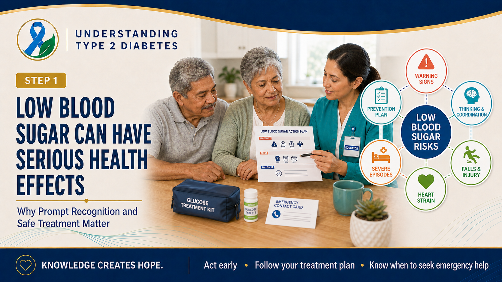 Step 1 diabetes header showing an older adult and family member reviewing a low-blood-sugar action plan with a diabetes educator beside a diagram of serious risks and prevention measures.