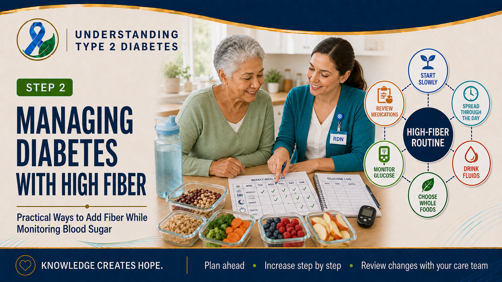 Step 2 diabetes header showing an older adult planning high-fiber meals, hydration, and glucose monitoring with a dietitian beside a diagram of practical high-fiber habits.