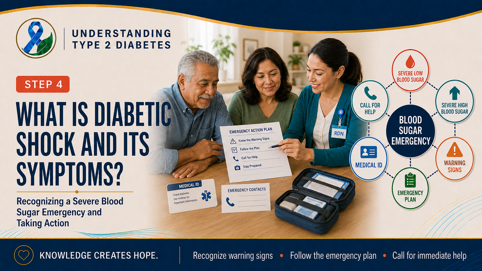 Step 4 diabetes header showing an older adult and family member reviewing a blood-sugar emergency plan, medical identification, and emergency contacts with a healthcare professional.