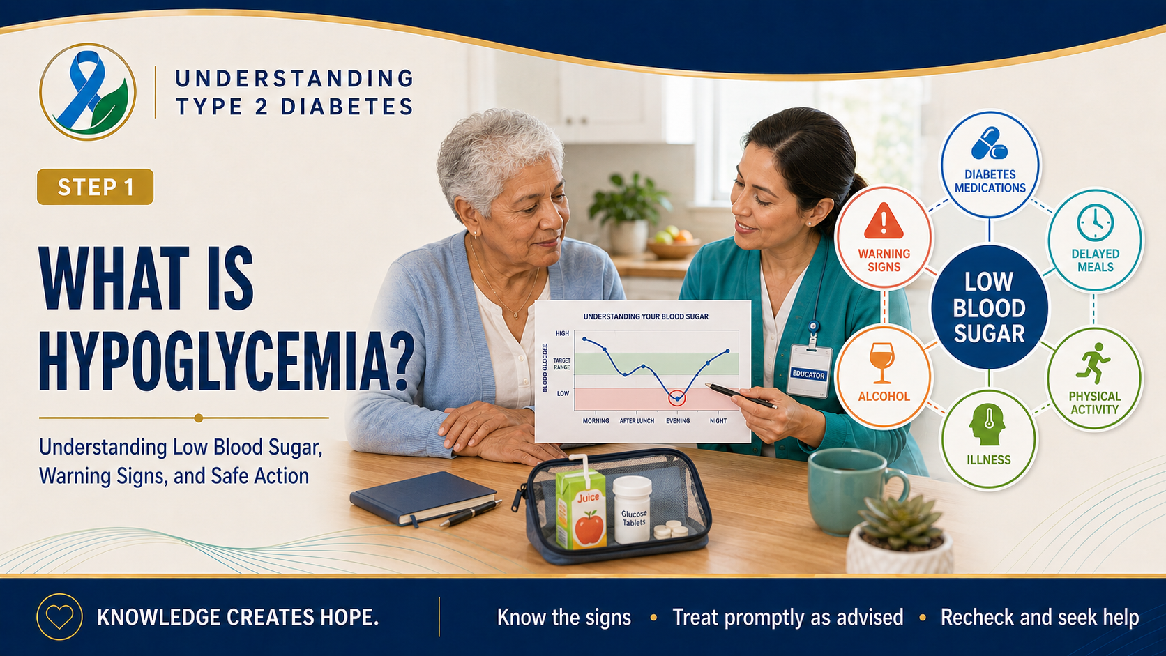Step 1 diabetes header showing an older adult learning about low blood sugar and a prepared glucose-treatment kit with a diabetes educator beside a diagram of common hypoglycemia influences and warning signs.