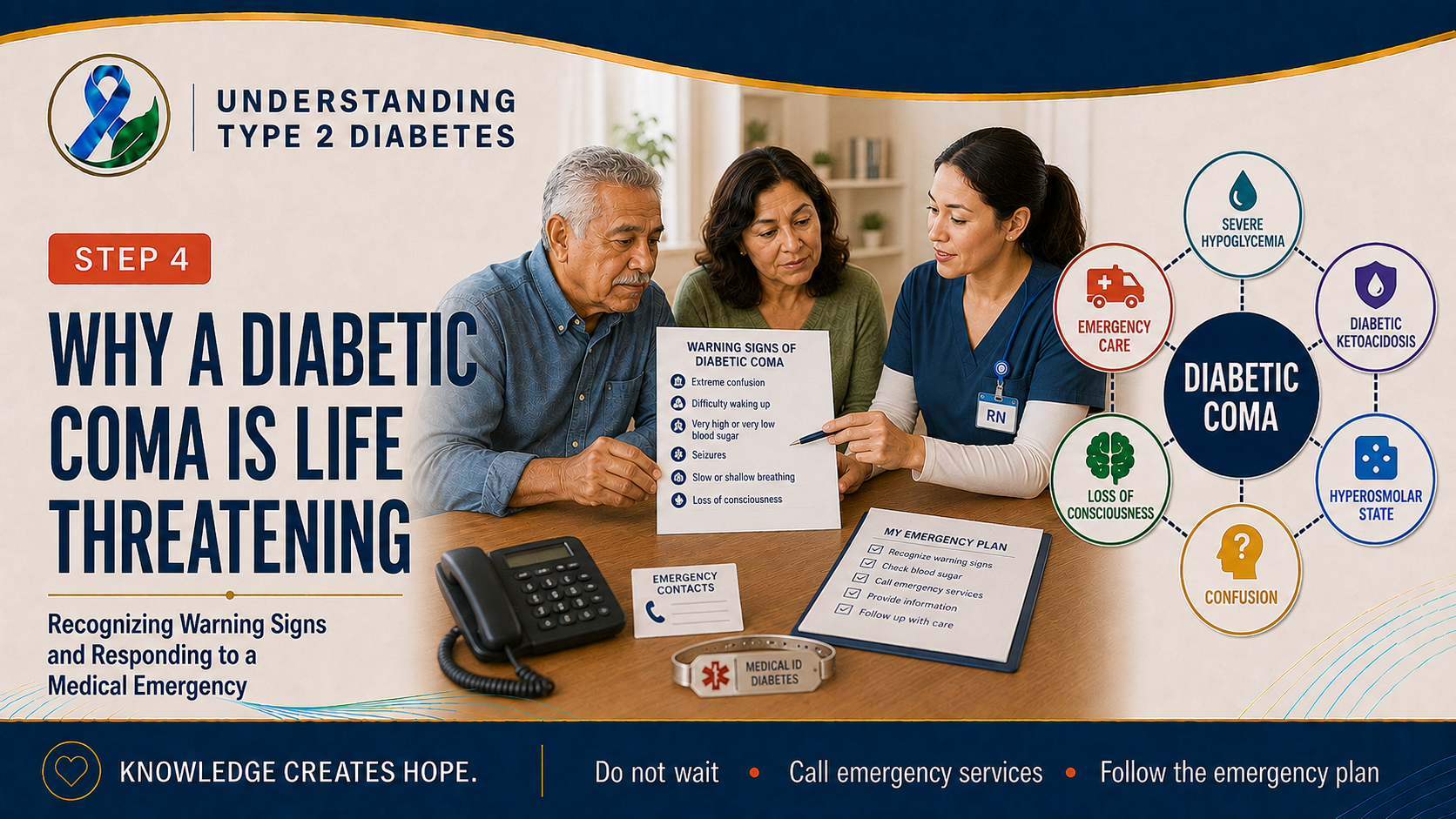 Step 4 diabetes header showing an older adult and family member reviewing diabetic-coma warning signs, emergency contacts, and a response plan with a healthcare professional.
